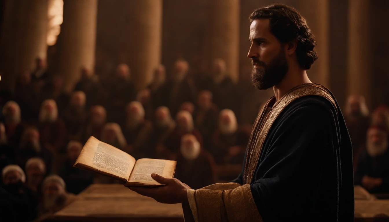 A man named Ezra presenting a papyrus of the laws of Moses in the Assembly, o papiro continha a lei de deus, Character from the Bible