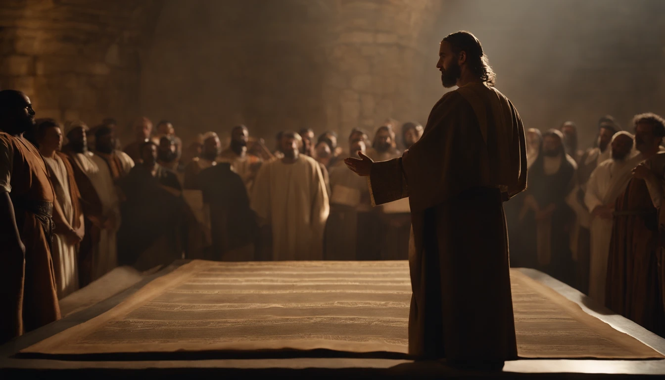 A man named Ezra presenting a papyrus of the laws of Moses in the Assembly, o papiro continha a lei de deus, Character from the Bible