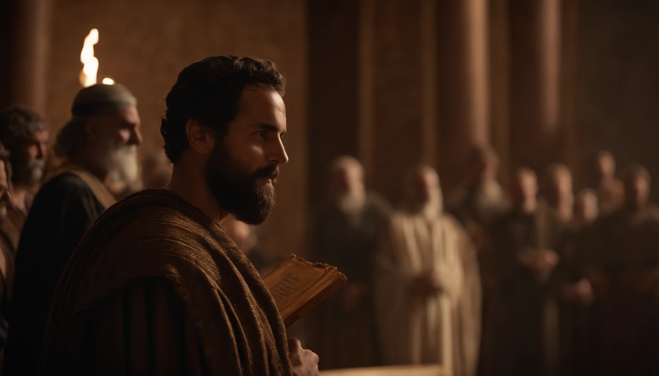 A man named Ezra presenting a papyrus of the laws of Moses in the Assembly, o papiro continha a lei de deus, Character from the Bible