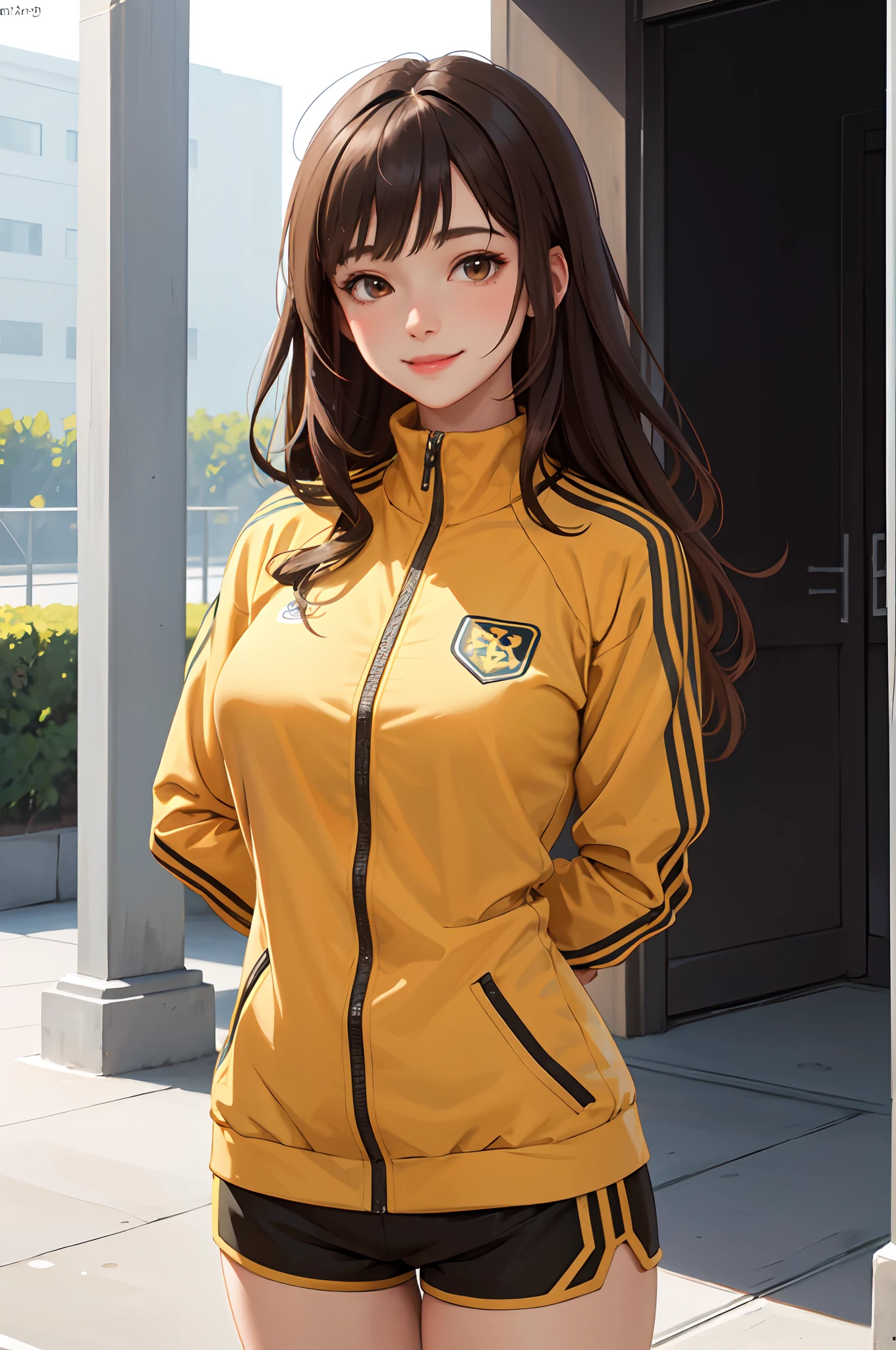 1lady solo, standing, mature female, /(stylish tracksuit long sleeve/) /(sports shorts/), /(brown hair/) bangs, blush kind smile, (masterpiece best quality:1.2) delicate illustration ultra-detailed, large breasts, /(arms behind back/) BREAK /(pubric park outdoors/), detailed background