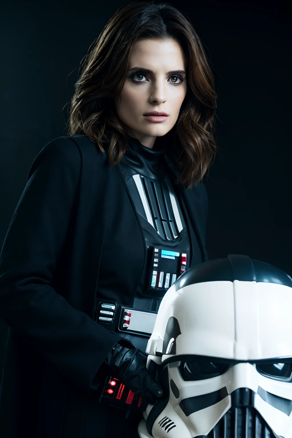 ((Stana Katic as Darth Vader in Starwars, Starwars movie scene, holding red color lightsaber, wearing sexy darth vader armor, walking, Stormtrooper escort behind)), (((show face, serious facial expression))), (dynamic pose), (exposed medium natural breast, nippin, cleavage), (hyper realistic:1.4), (realistic:1.3), (best quality real texture skin), full body, (Cinematic Light), highly detailed skin, skin pores, (highly detailed face:1.1), (highly detailed eyes:1.1), realistic pupils, (perfect anatomy:1.1), (perfect proportions:1.1), (photography:1.1), (photorealistic:1.1), volumetric lighting, dynamic lighting, real shadows, (highres:1.1), sharp focus, daylight, (realistic, hyperrealistic:1.4), intricate, high detail, dramatic, subsurface scattering, big depth of field, vivid, polished, sharpened, ((full Sharp)), (extremely absurdres),8k hdr,