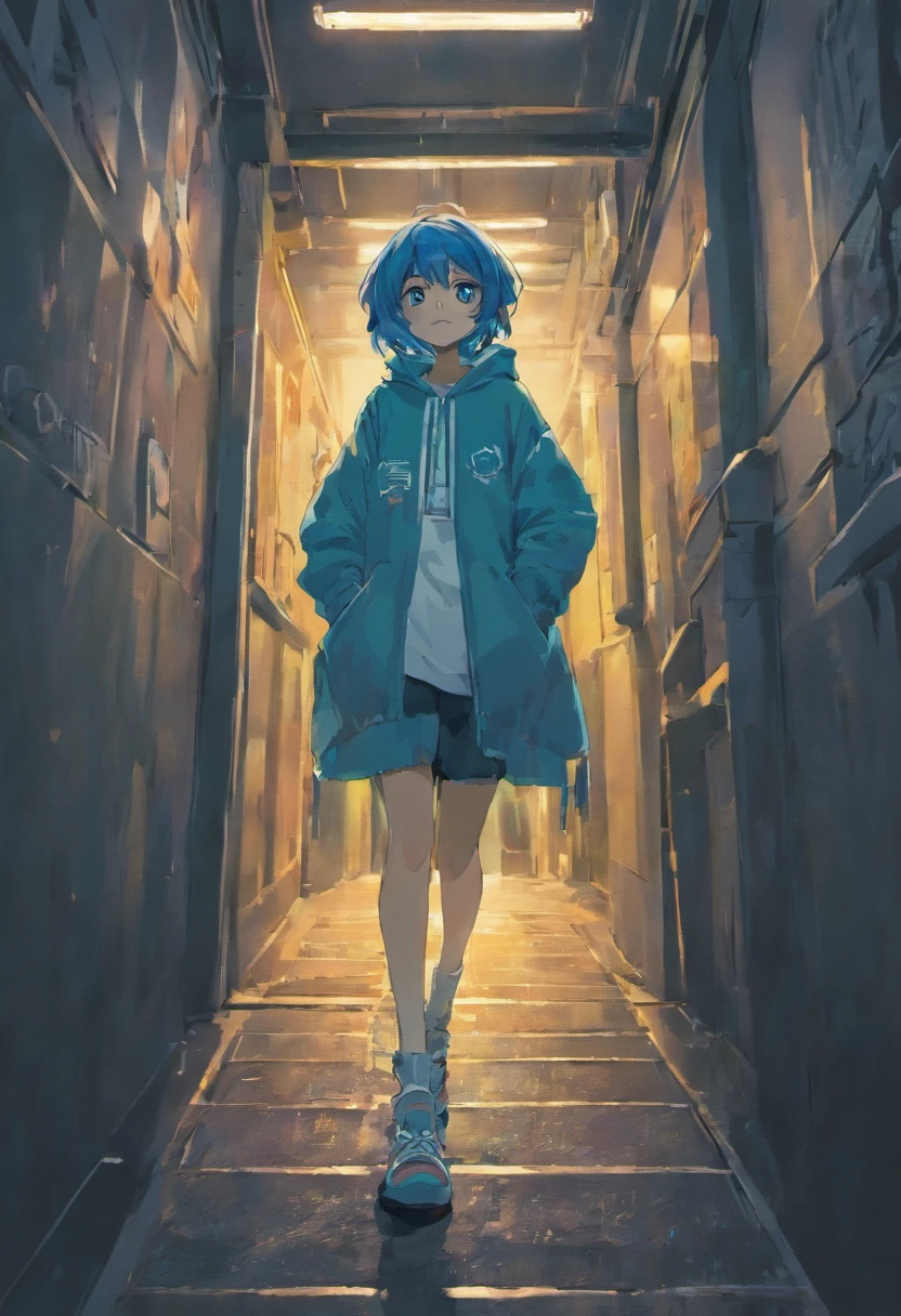 masterpiece,best quality,official art,extremely detailed CG unity 8k wallpaper,night,dark,comic,grin, human skeleton,Blue hoodie,Eyes in shadow,Hands in pockets,White slippers,No hair,A tear,Yellow corridor,Slightly obese,