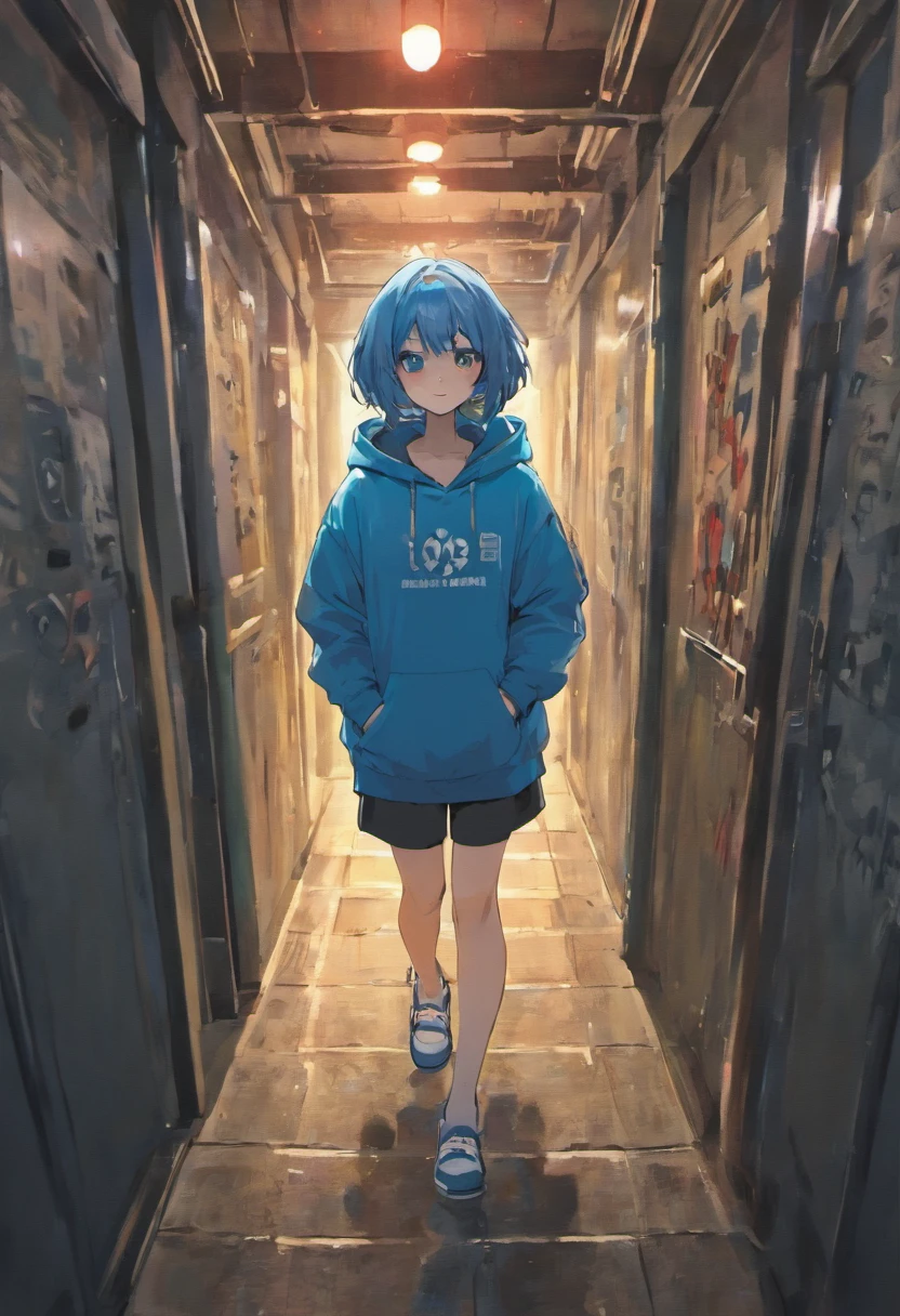 Ultra high resolution, 16k, ((Masterpiece)), ((Best Quality))), ((Ultra detailed)), upper body perspective, a girl with short blue hair, squatting in a hallway