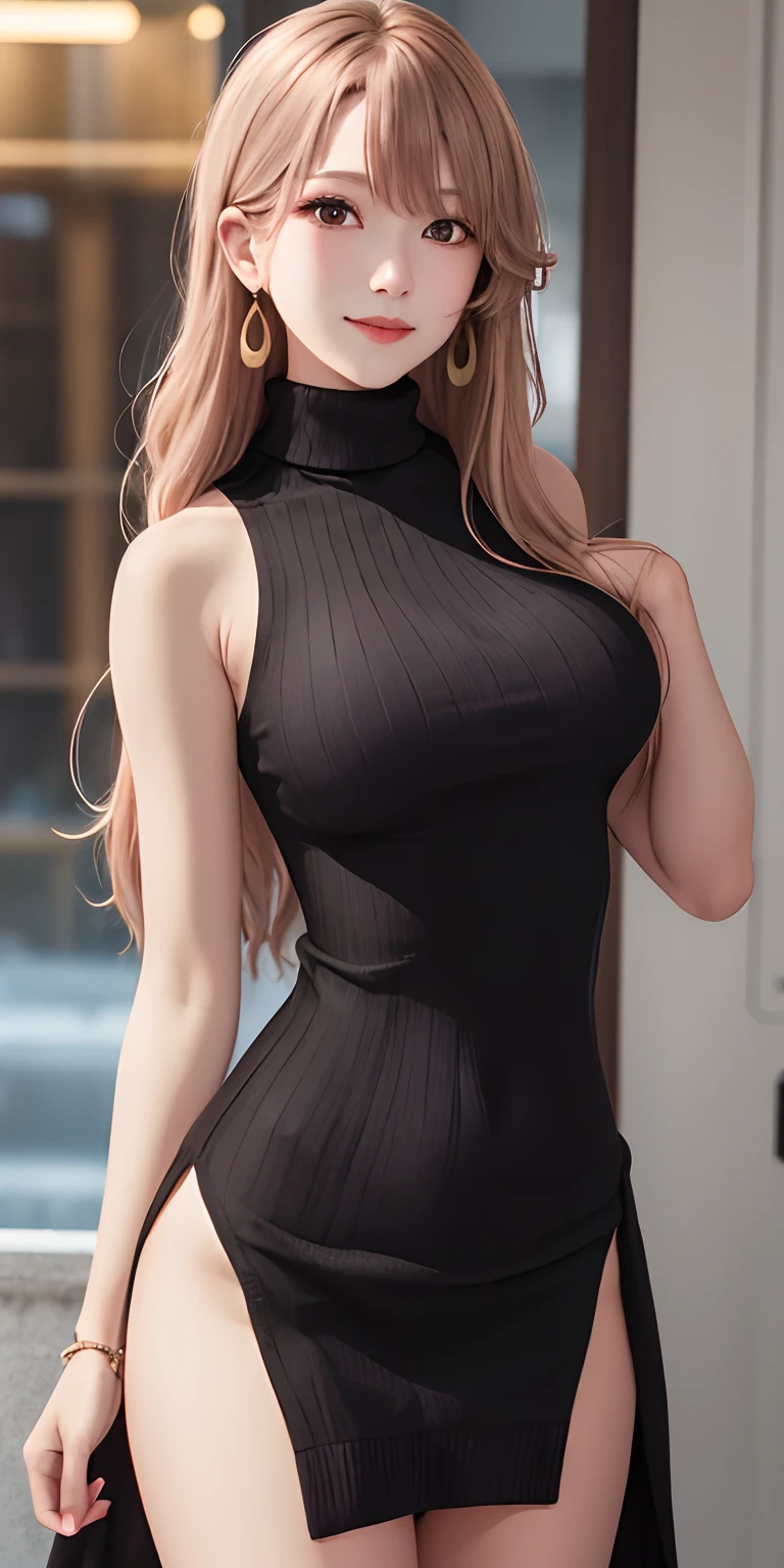 masterpiece, best quality, highres, aamiyako, long hair, jewelry, earrings, sweater dress, virgin killer sweater, clothing cutout, turtleneck, sleeveless, night, street, cowboy shot, standing, smile, bare arms,