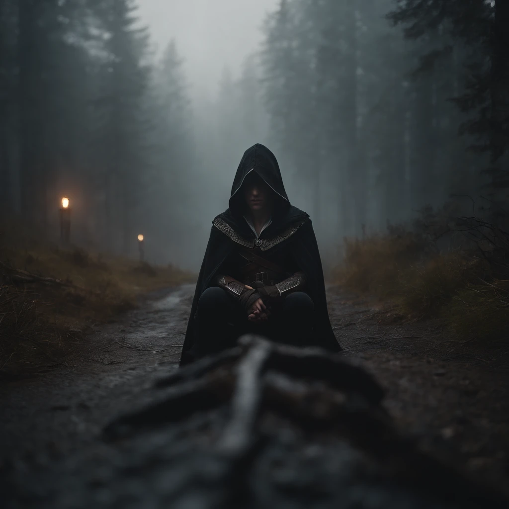 The Young Hooded One,tension above the eyes,wavy short hair under the hood,diffused light,misty background,Assassin's Creed-style,(best quality,4k,8k,highres,masterpiece:1.2),ultra-detailed,realistic:1.37,HDR,stunning landscapes,sharp focus,mysterious atmosphere,dark shadows,vivid colors,intense action.
