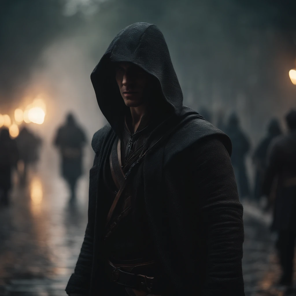 The Young Hooded One,tension above the eyes,wavy short hair under the hood,diffused light,misty background,Assassin's Creed-style,(best quality,4k,8k,highres,masterpiece:1.2),ultra-detailed,realistic:1.37,HDR,stunning landscapes,sharp focus,mysterious atmosphere,dark shadows,vivid colors,intense action.