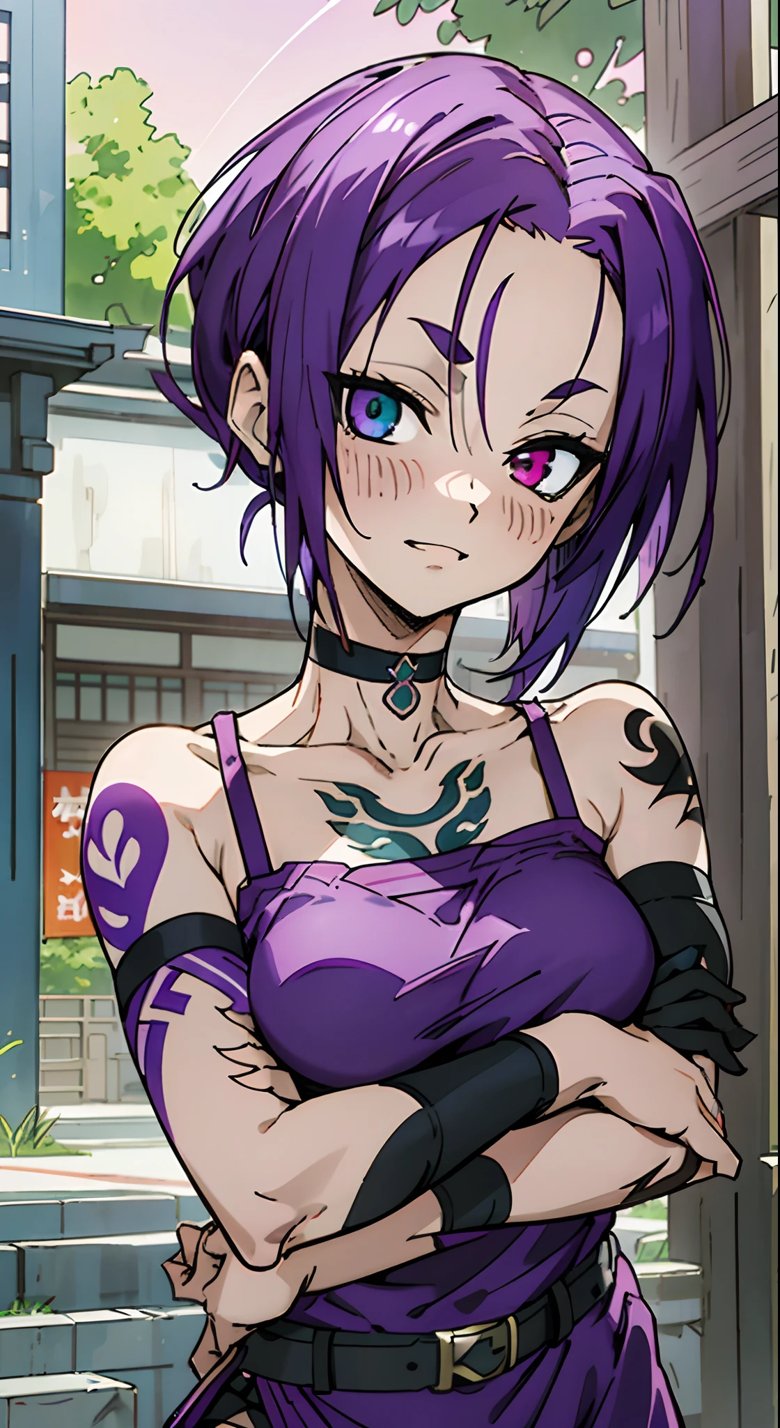 masutepiece, Best Quality, Ultra-detailed, Colorful,Up-close, Hyper-detailing，purple color  hair, Reo Mikage, Blue Lock, no sleeves, Camisole and cheongsam, chinese clothes, Chest exposure, Underwear, Ruffled underwear, Metamorphosis is exposed, Choker, Black Choker, arm warmer, Relative area, a belt, The tattoo, arm tattoos, Dragon tattoo, body tattoo, face tattoo, Sexy breasts, Scar, Big breasts, red blush, 1girl in, Solo, Sharp face, Heterochromia, Green eyes, Purple eyes, Bare neck, Happy face, rays of sunshine, Beautiful sky, shining sky, Shanghai Village, Slums