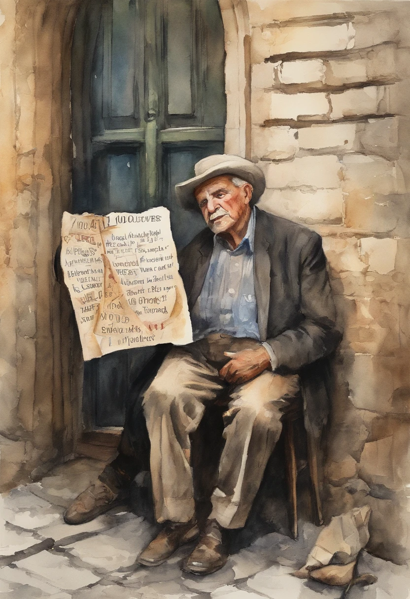 An old and tired men holding an advertisement saying ((((1000))))! (((((1000 followers))))) His expression of agony is frozen on his pale face, Lying on the cobblestone floor, vemos a cena de cima, um vulto sutil em uma parte das vielas