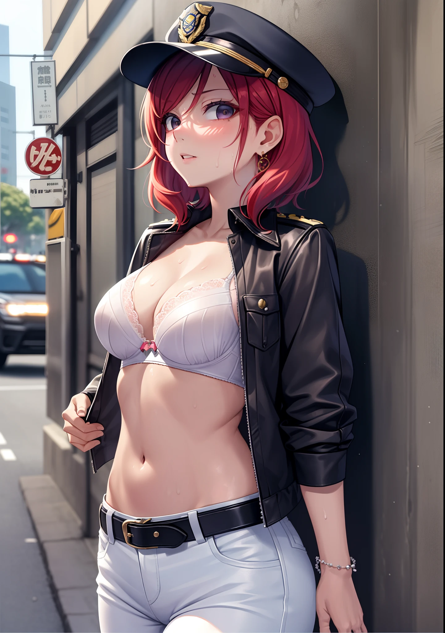 Masterpiece, best quality, detailed face,Nishikino maki, short hair, open shirt,bra,half sleeves,earrings, black belt, tight white low pants, midriff, sweating, sweating,  police cap,in street, toned stomach,looking at viewer