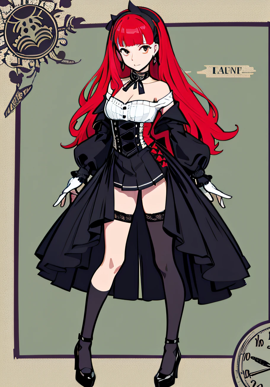{persona 5 style}，Persona diagram，The waist is very long, Indifferent expression，Qi bangs，hair straight，Lace off-the-shoulder black skirt，long-sleeved gloves，Ruffled black hot pants，crape，Black heels，Red sole（From the front：1.3），