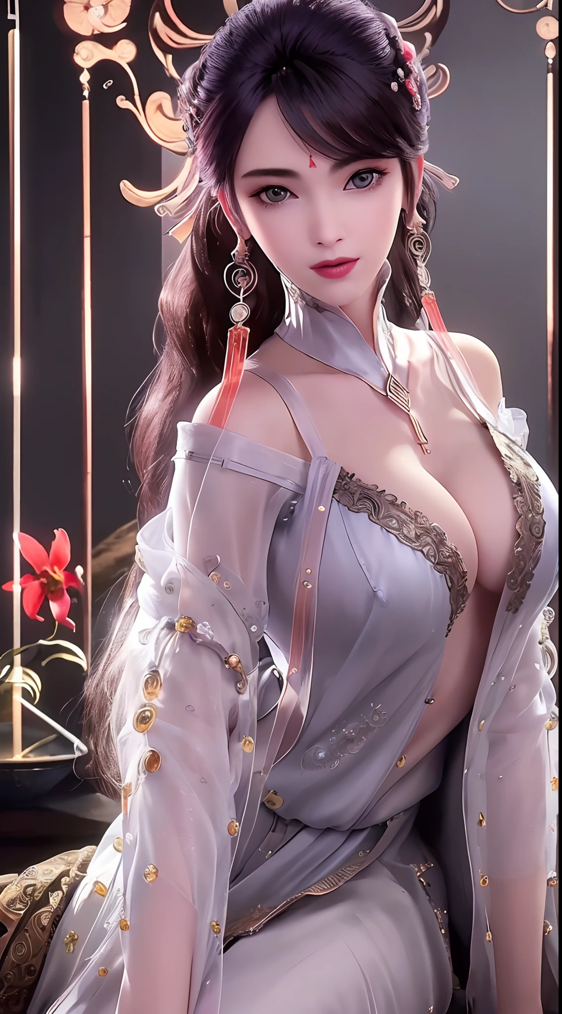 1 beautiful and sexy 20 year old girl, ((ultra-thin sexy nightgown with deep slits to cover :1.8)), ((full nude:1.6)), ((The girl wore an off-the-shoulder dress that revealed her cleavage and exposed her breasts beautifully:1.8)), ((long black hair:1.8)), bangs, elaborate jewelry made from precious stones and beautiful hair, the noble, noble style of an extremely girl beautiful, very pretty and lovely face, ((bright face:1.2)), very pretty face, thin eyebrows, eyes are so beautiful and perfect, flawless beautiful face, ((black pupil: 0.8)), very beautiful eyes, ((eyes silver: 1.5)), ((light purple eyeshadow makeup is very attractive and devilish:1)), beautiful makeup and detailed hairdo, eyelashes, steamy eye makeup, high nose, earrings, plump red lips, beautiful and balanced lips, ((closed mouth: 1.5)), slim hands, beautiful thighs best, ((Sitting position, chest puffed out and arms behind: 1.6)), ((unbutton the girl's shirt:1.6)), ashamed, rosy face, clean face, flawless beautiful face, smooth white skin, (big breasts: 1.3)), ((high breasts: 1.6)), firm breasts, beautiful cleavage, (((big and super round breasts: 1.5))), ((super tight breasts: 1.5)), beautiful breasts, busty breasts, perfect body, thrust your chest forward, 8k photo, super high quality, hyper realistic, super 10x pixels, optical, studio bright, edge bright, two-tone lighting, (high detail skin: 1.2), super 8k, soft light, high quality, volumetric light, optical, high resolution optical, light, best photo, 8k quality, smooth sharpness, (((bright white skin, super bright background: 1.2))), (((super bright skin:1.5))), bright colors harmonious light, ((red flower background:1.5)), aurora, lightning, surreal graphics, most realistic graphics, alone, solo, Extremely sharp, surreal images, look at the beautiful girl's body, (((frontal portrait: 1.2)))."