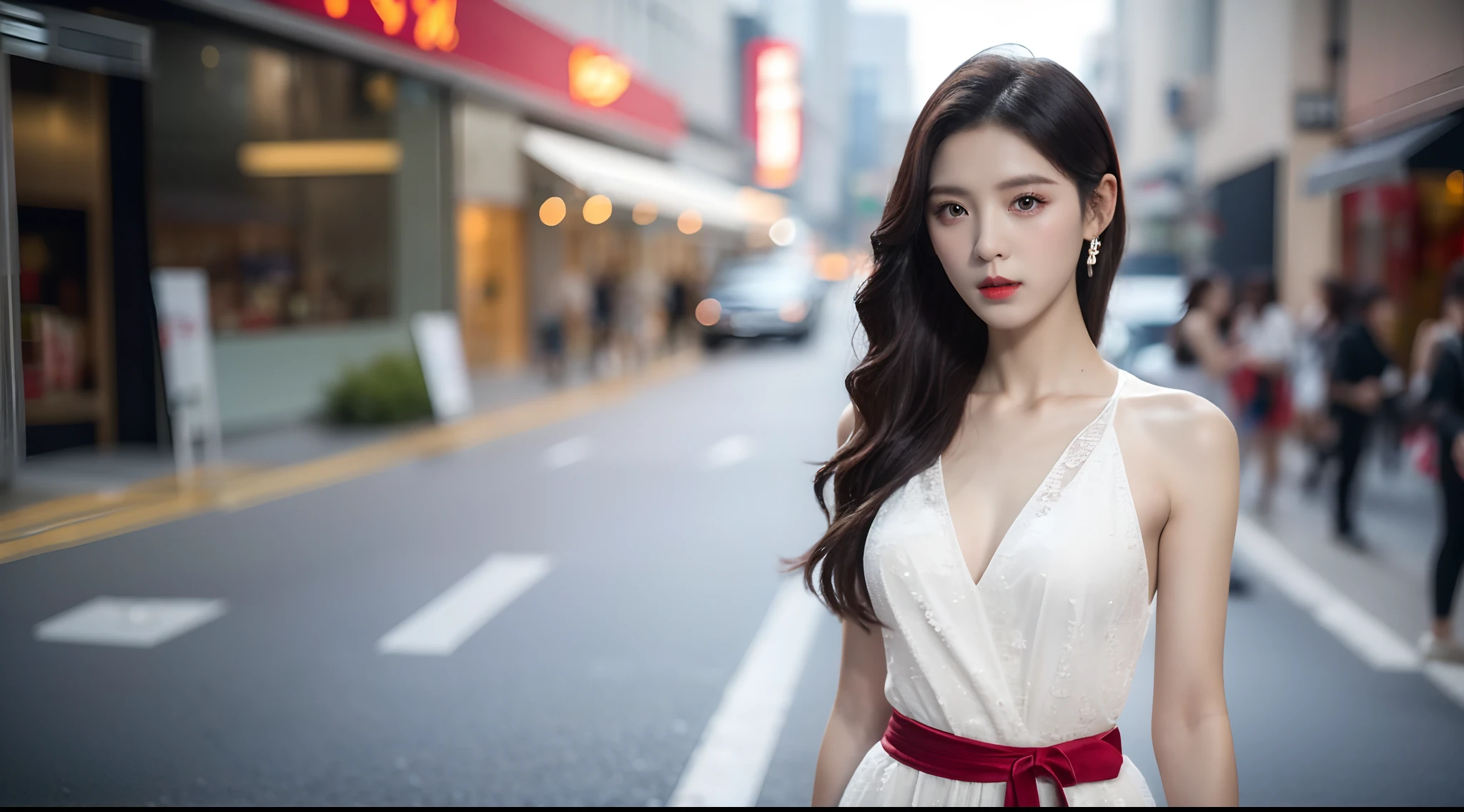 Realiy，8K，超高分辨率，Front light，rays of sunshine，Background bokeh，depth of fields，photographed，the city street，There is water on the ground，Sports cars， Female celebrities，long whitr hair，cropped shoulders，shift dresses，formal outfit， Hair_decorations, (Solo,solo person), Lace long gloves，jewelry，sash, Looking_at_peeping at the viewer, Bigchest，(中景 the scene is，A half body:1.2)，Face lighting