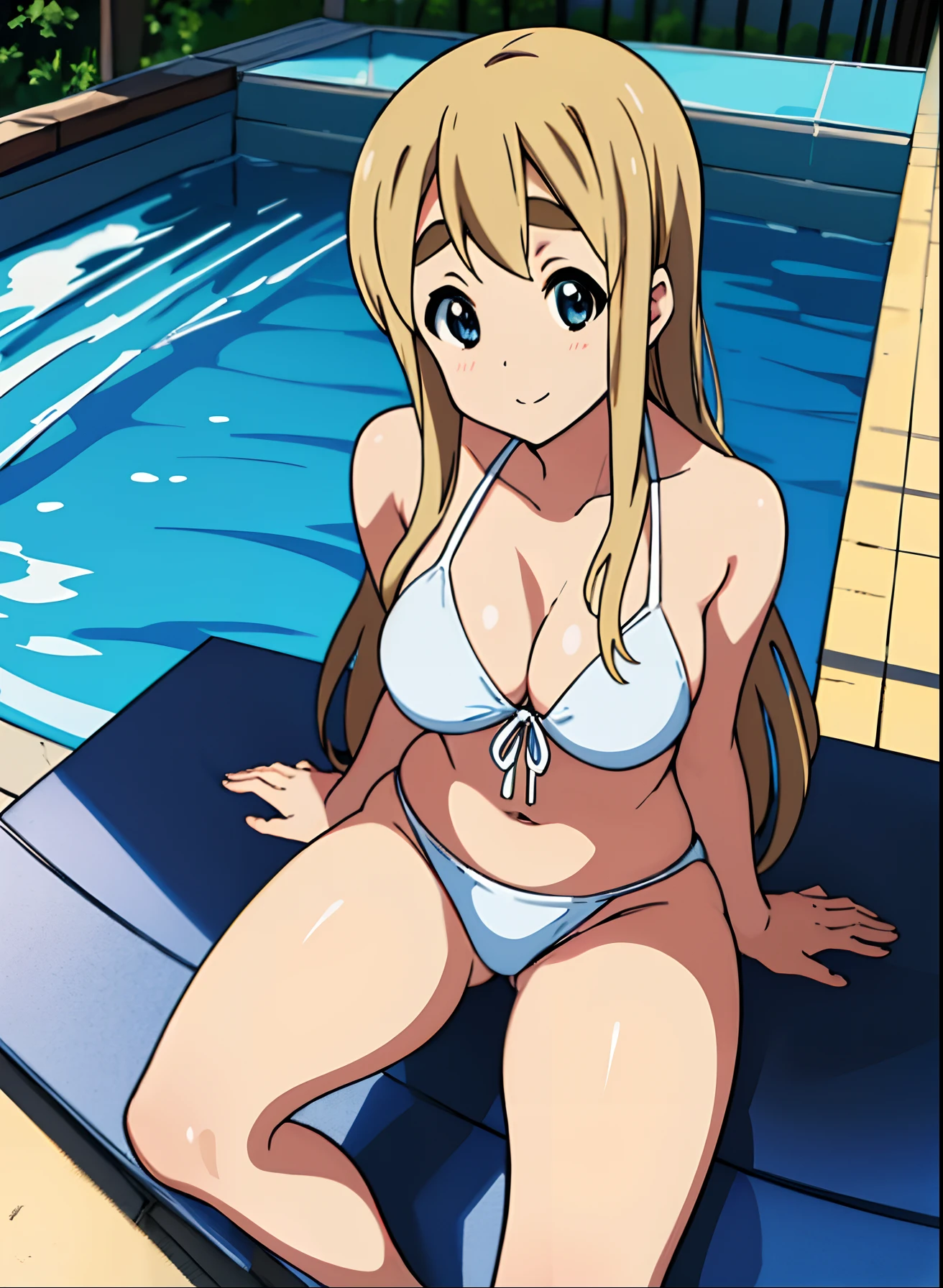 1girl,solo,tsumugi kotobuki, blonde hair, blue eyes, medium hair,(masterpiece:1.3),kyoto animation style,official art,perfect anatomy,super smooth skin,beautiful detailed eyes,best quality,anime colored,large breasts,beautifully shaped breasts,slender body,beautifully skinny legs,(white bikini),(white side tie bottom),pool side,standard height,looking at viewer,summer vacation,in summer,face focus,girlfriend,happiness,smile,:D,sitting,Photo session,1boy,pov_male,from_above,(in sakuragaoka high school),sexy pose