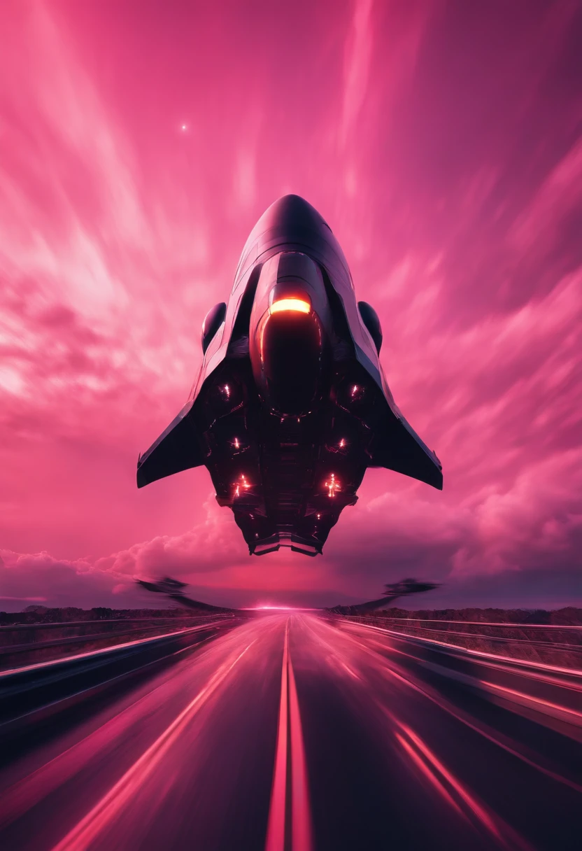 Dark spaceship with tapered shapes, speeding through a pink sky