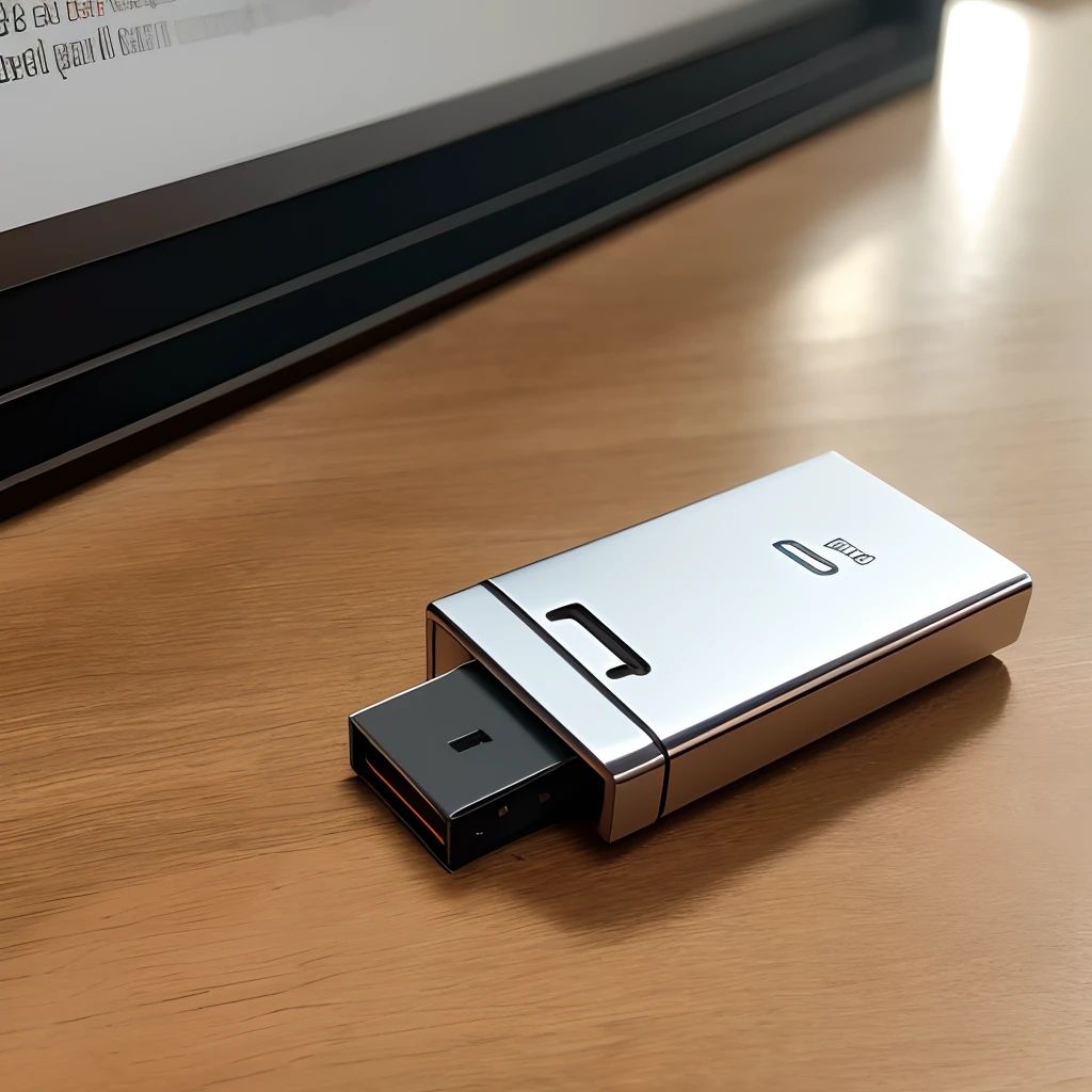 A USB flash drive on your desktop,Give this USB stick a close-up。The table top is slightly decorated