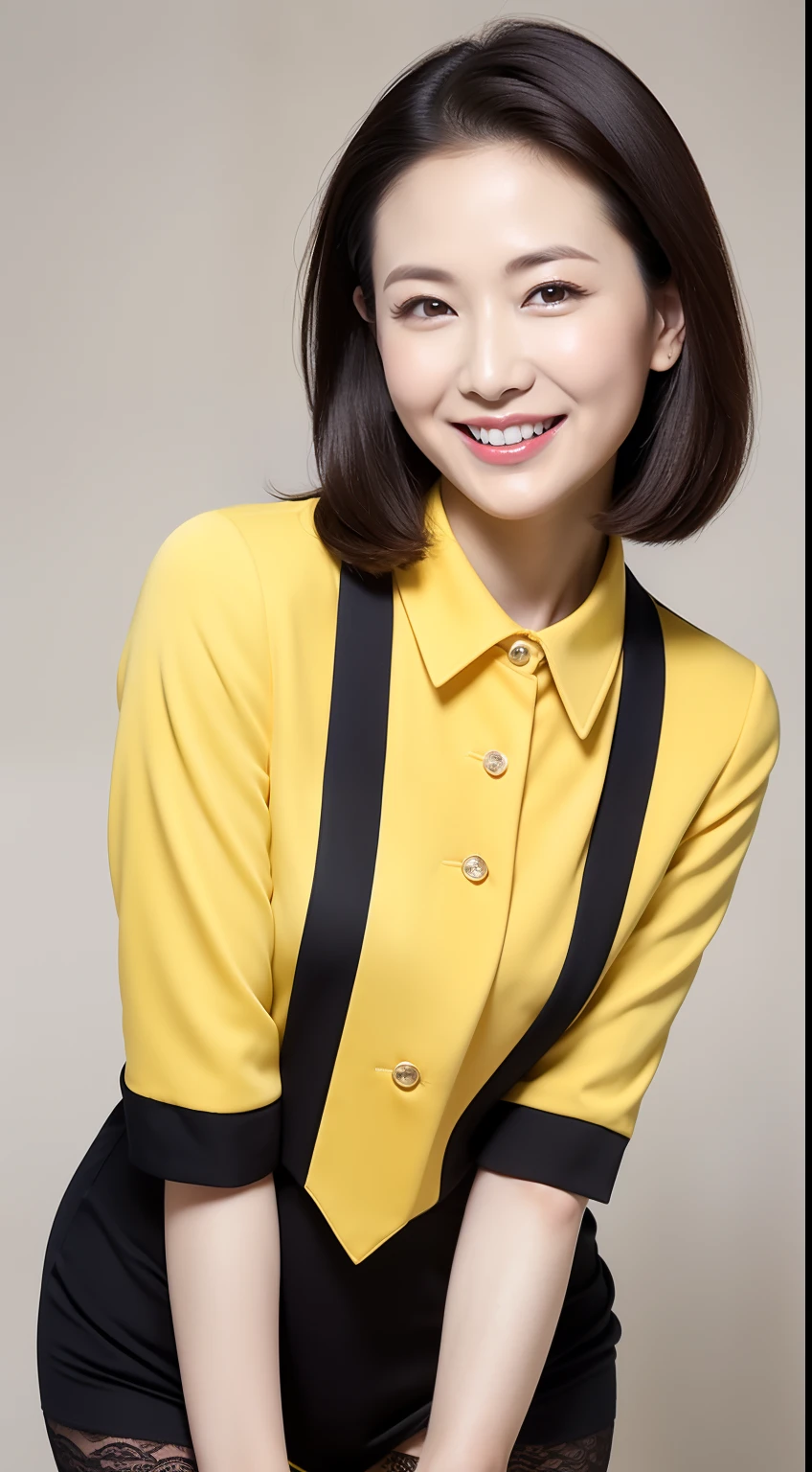 Masterpiece,Best quality, (maam. clerk:1), ((Portrait:1.3)), Cross arms， Smile，Yellow professional wear，Long legs，skin hyper-detail，Clear pores，in a panoramic view，Cocked buttocks，black lence stockings，Beautiful young Japanese woman over 40 years old,  Perfect face, Fantastic look,  (Detailed facial features),  Clean and nice face，