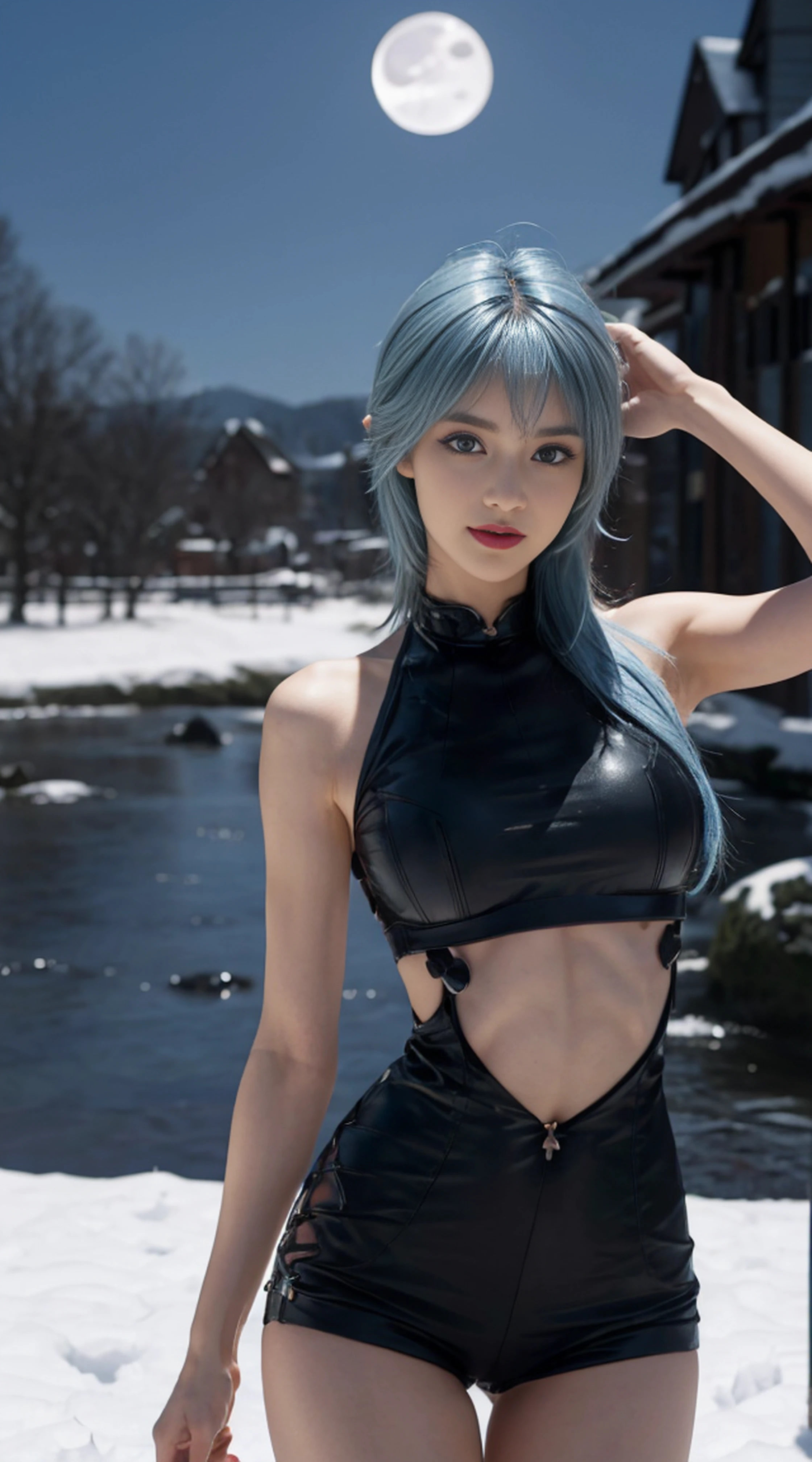 8K, Top Quality, Intricate Details, Ultra Detail, Ultra High Resolution, Masterpiece, full body, 1girl, solo, 1 girl, ((random angle)), ((small and beautiful hard nipple)),, ((tall girl, skinny, slim, tall skinny)), (((fit body))), (((slim face))), sharp face, sharp eyes, (((skyblue hair, long hair, bangs)) small lips, long hair, ((bikini ninja, glove,  holding a katana)), detailed face, detailed breast, Beautiful girl with accentuated slender abs: 1.4, Six Pack Abs: 1.4, Bust Botox, Big, Perfect Body, detail leg, in the forest