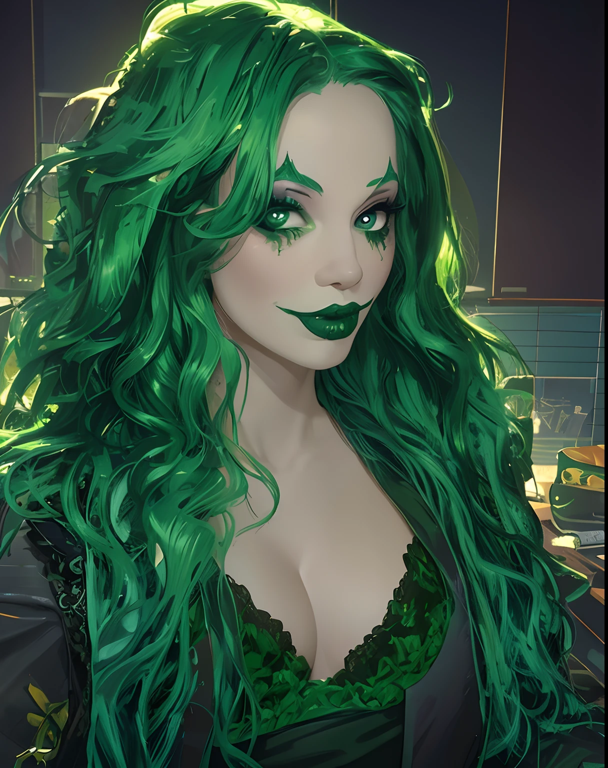 digital painting style, green hair, clown makeup, halloween, digital art