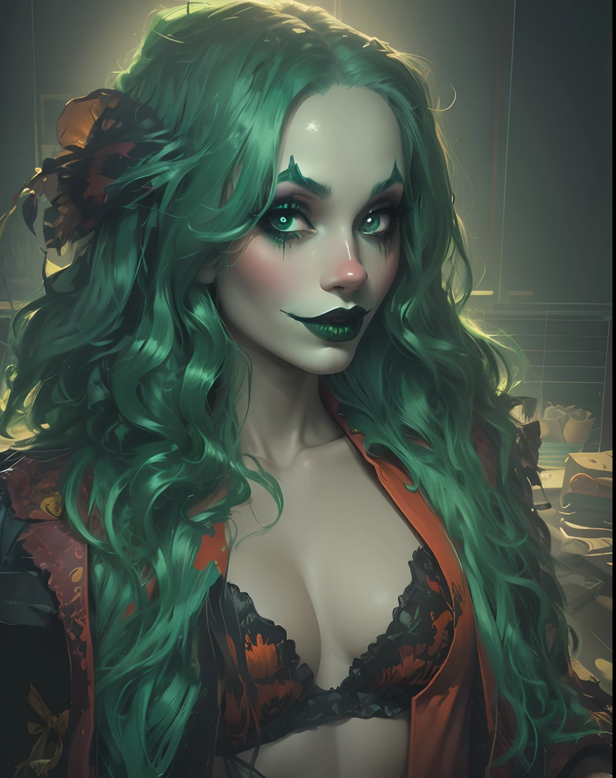 digital painting style, green hair, clown makeup, halloween, digital art
