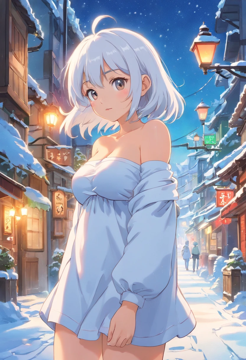 one-girl,White clothes,Off-the-shoulder attire,White hair,Huge breasts,cleavage,,Ice and snow,In the snow,Blizzarding,the street,neonlight,Open navel