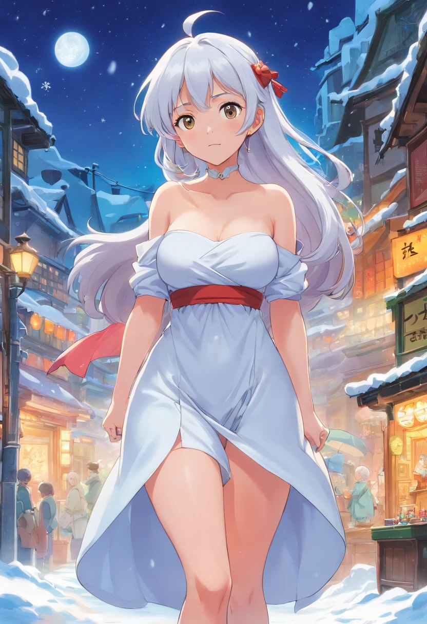 one-girl，White clothes，Off-the-shoulder attire，White hair，Huge breasts，cleavage，，Ice and snow，In the snow，Blizzarding，the street，neonlight，Open navel