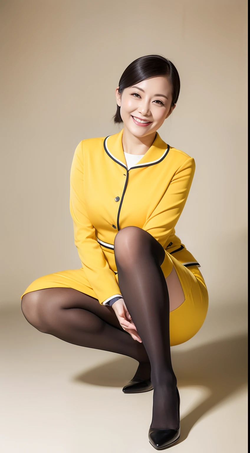 Masterpiece,Best quality, (maam. clerk:1), ((Portrait:1.3)), Cross arms， Smile，Yellow professional wear，Long legs，skin hyper-detail，Clear pores，in a panoramic view，Cocked buttocks，black lence stockings，Beautiful young Japanese woman over 40 years old,  Perfect face, Fantastic look,  (Detailed facial features),  Clean and nice face，