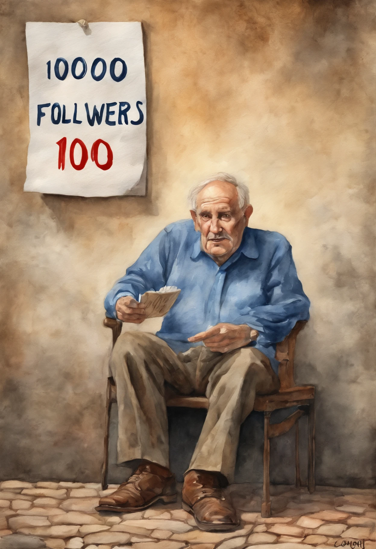 An old and tired men holding an advertisement saying ((((1000))))! (((((1000 followers))))) His expression of agony is frozen on his pale face, Lying on the cobblestone floor, vemos a cena de cima, um vulto sutil em uma parte das vielas