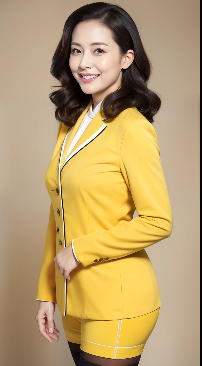 Masterpiece,Best quality, (maam. clerk:1), ((Portrait:1.3)), Cross arms, Smile,Yellow professional wear,Long legs,skin hyper-detail,Clear pores,in a panoramic view,Cocked buttocks,black lence stockings,Beautiful young Japanese woman over 40 years old, Perfect face, Fantastic look, (Detailed facial features), Clean and nice face,