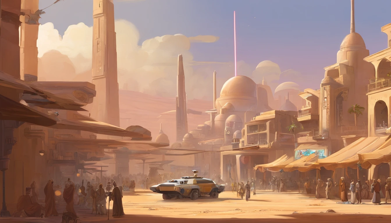 Planet Tatooine, The city, busy street, bar, A crowd in beautiful outfits and expensive accessories, parked expensive cars, concept art by Magalie Villeneuve, trending on cg society, "Star Wars""": The Old Republic", concept art by Ralph McQuarrie