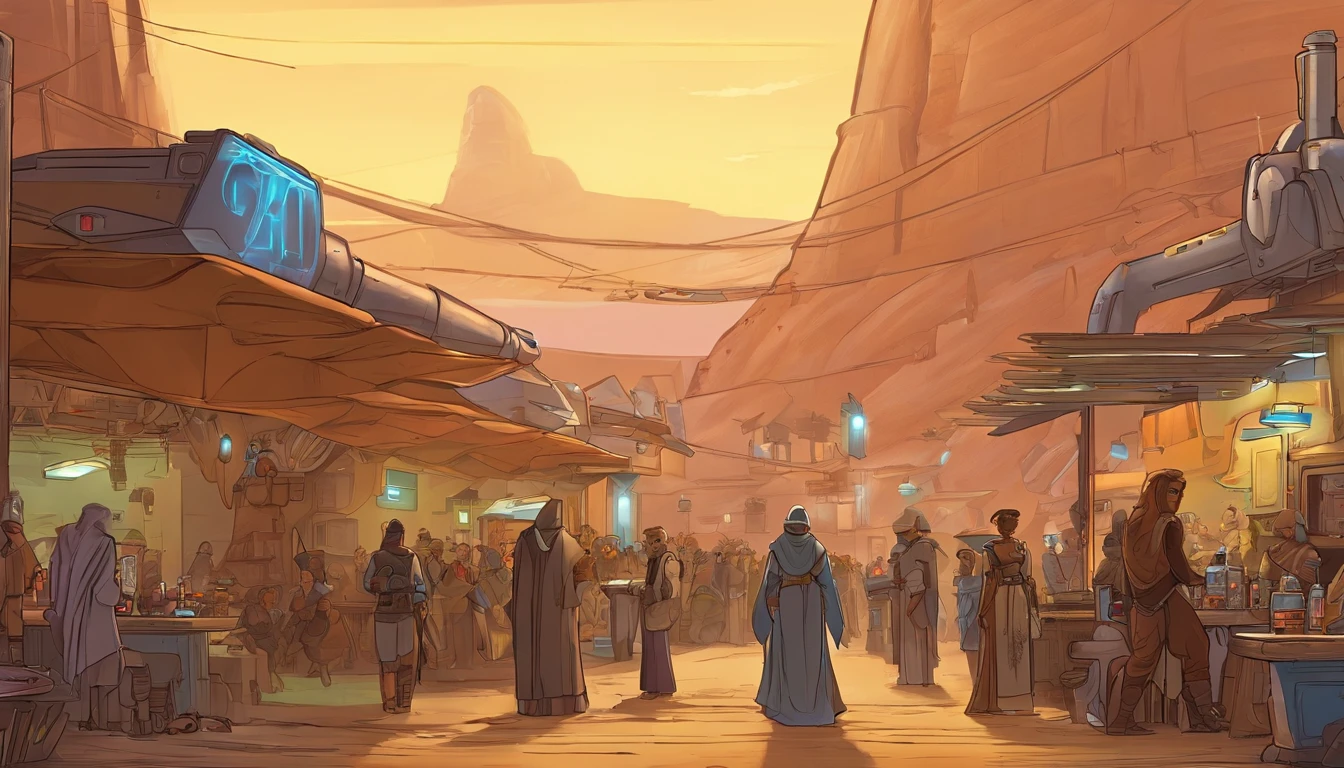 Planet Tatooine, The city, busy street, bar, A crowd in beautiful outfits and expensive accessories, parked expensive cars, concept art by Magalie Villeneuve, trending on cg society, "Star Wars""": The Old Republic", concept art by Ralph McQuarrie