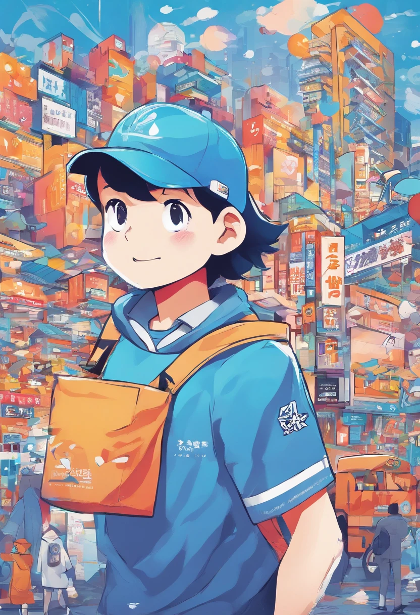 Logo-style illustration、Uber Eats Delivery Man、American comic、animesque、comics、comic strip、gag、Image Character、Unification of characters、Mascot character、humor、Blue bird hat