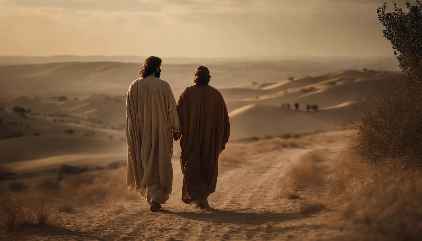 Two disciples of Jesus walking together towards the city in Judea. Characters from the Bible