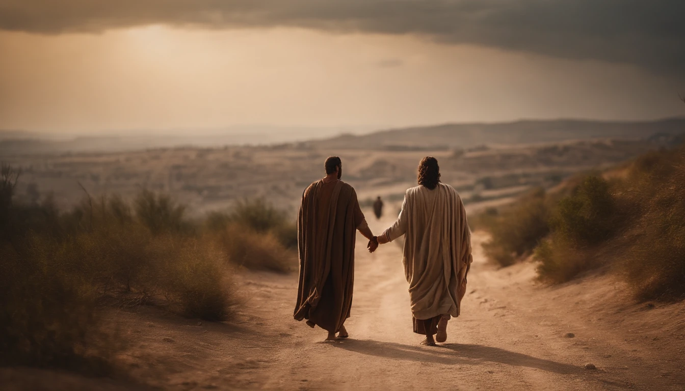 Two disciples of Jesus walking together towards the city in Judea. Characters from the Bible