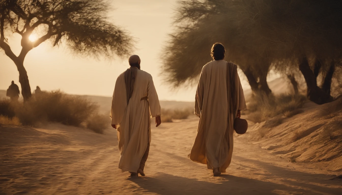Two disciples of Jesus walking together towards the city in Judea. Characters from the Bible