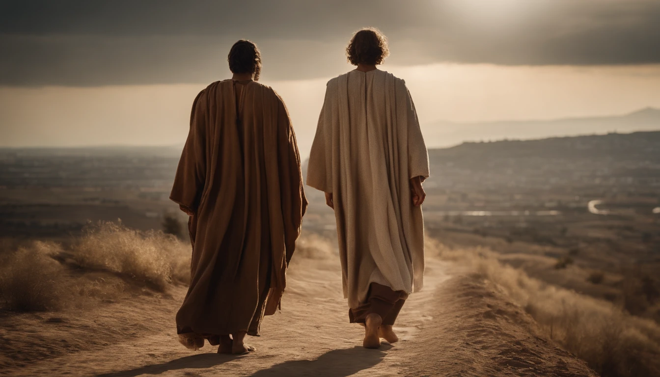 Two disciples of Jesus walking together towards the city in Judea. Characters from the Bible