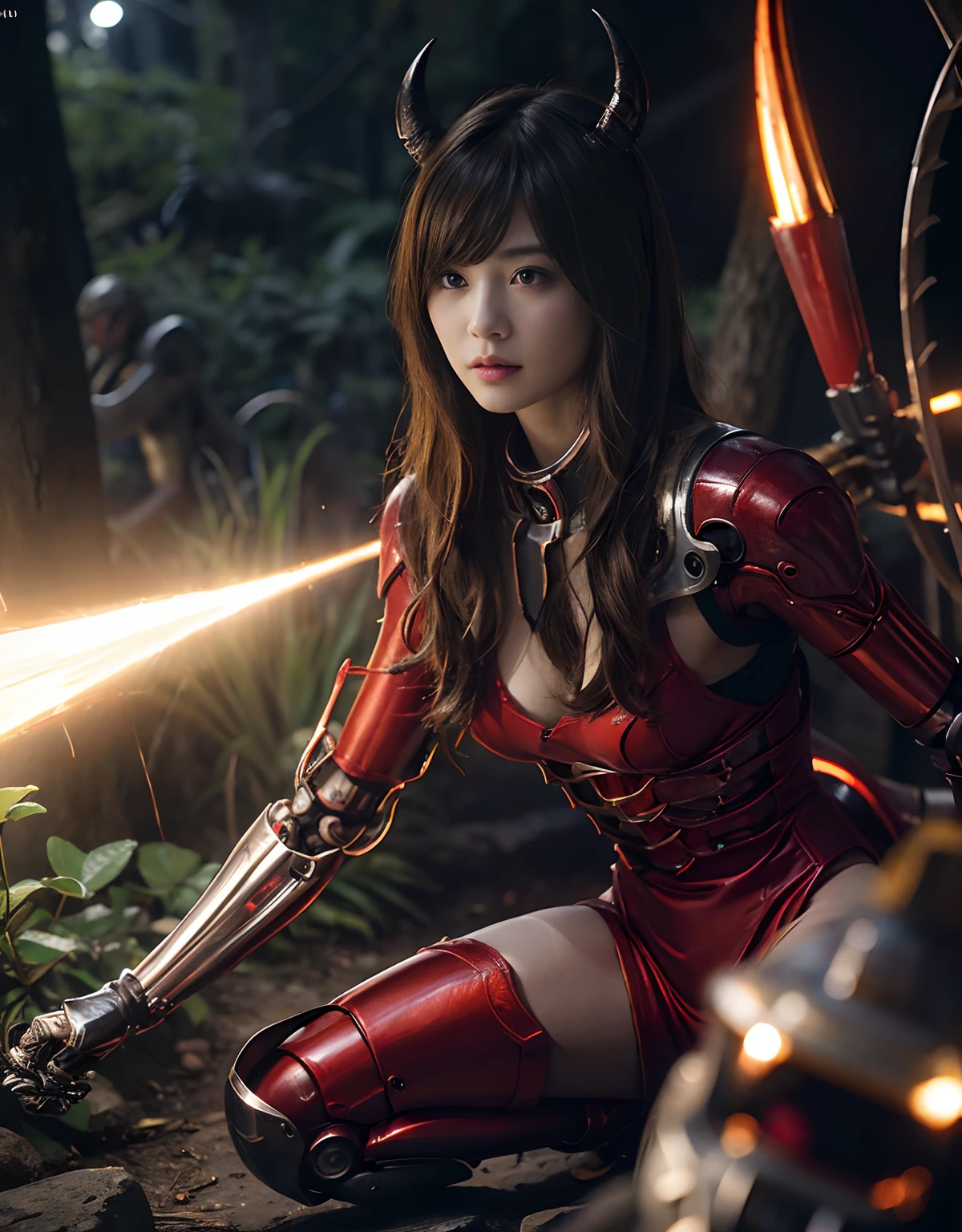 (1 Mechanical Girl)、(Mystical expression)、top-quality、masterpiece、超A high resolution、(Photorealsitic:1.4)、Raw photo、女の子1人、Fight mutants、glowy skin、(((1 Mechanical Girl)))、(Red Metal Bodysuit)、(Fight goblings、ogre、Fierce battle with Osite、Beautiful forest background of fierce battle with alien night demon beast)、(Small LED)、((super realistic details))、vertical giant monster background),globalillumination、Shadow、octan render、8K、ultrasharp、Colossal tits、Raw skin exposed in the cleavage、red metal、Details of complex ornaments、Japan details、highly intricate detail、Realistic light、(Mystical expression),CG Society Trenlow Eyes、Eyes shining towards the camera、Mechanical marginal blood vessels connected to neon detail tubes)、(Wires and cables connecting to the head)、Small LED、,Mechanical thighs、Toostock、(Hands are also made of machines.traces on the cliff)、机器人、