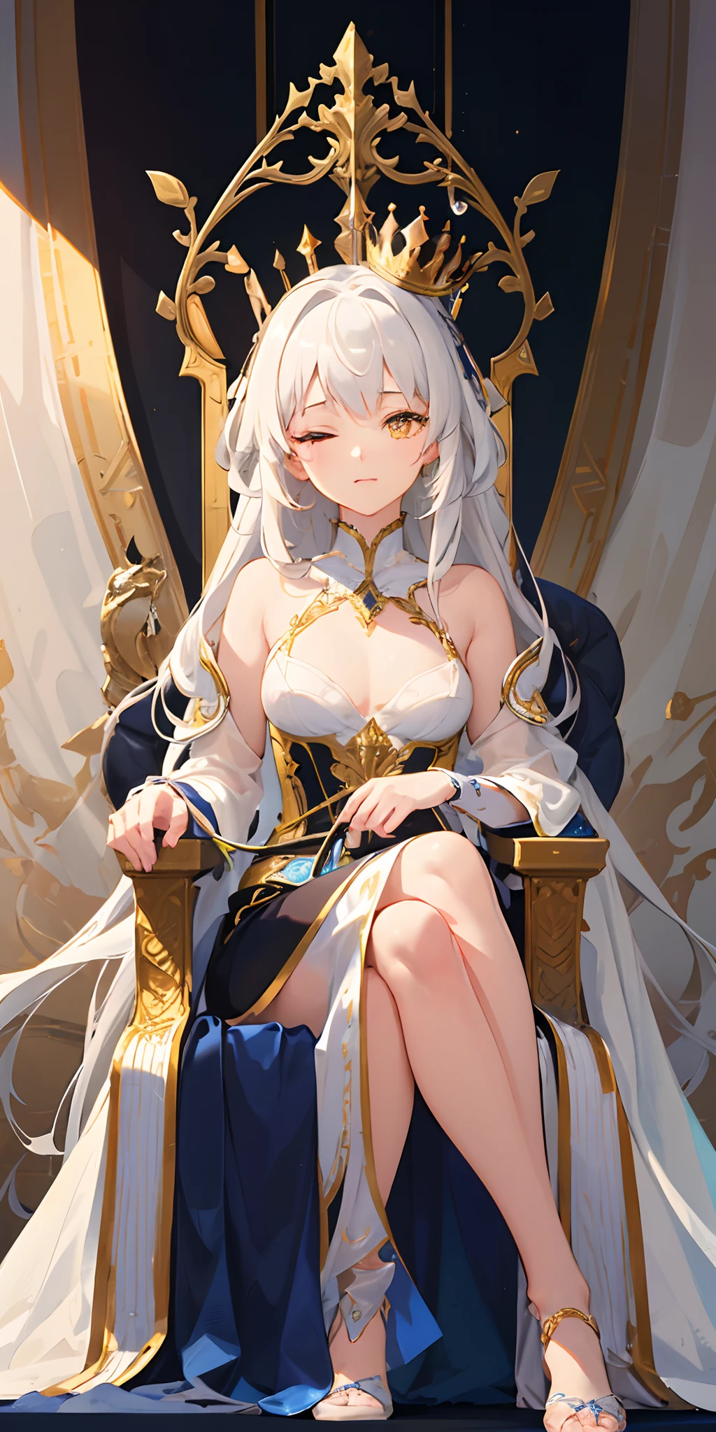 (Masterpiece:1.2), best quality, (illustration:1.2), (ultra-detailed), hyper details, (delicate detailed), (intricate details), (cinematic light, best quality Backlights), clear line, from below, soloist, perfect body, (1girl), white hair and yellow eyes, (emperor, black see-through clothes), (crown: 1.1), sitting on the throne, eyes slightly closed, head down, (shy: 1.2 ), (makeup), high contrast, (best illumination, an extremely create and beautiful), (cinematic light), colorful,