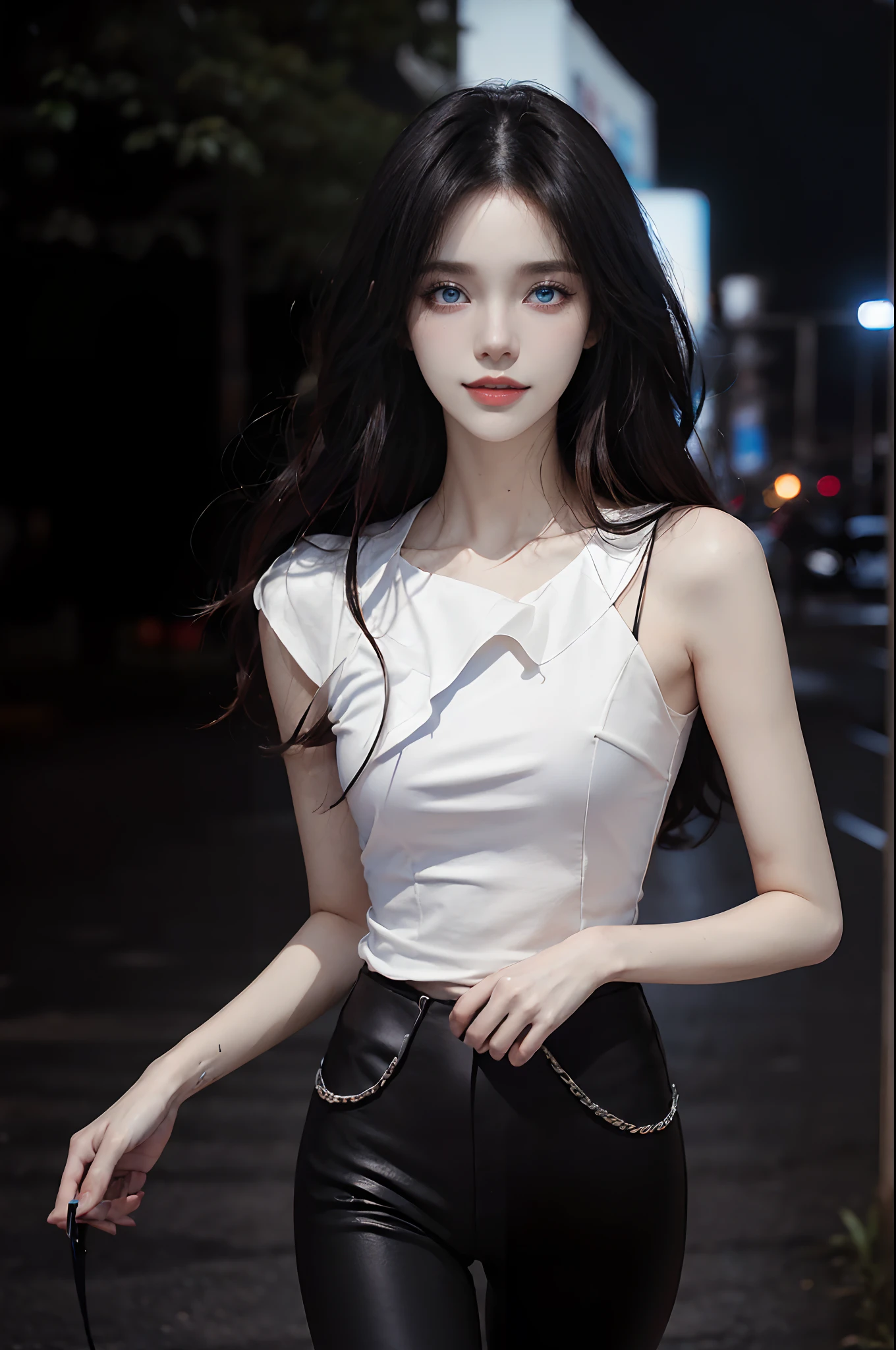 ((4K works))、masterpiece、(top-quality)、1 beutiful girl、Slim body、tall、((Black Y-shirt and white pants、Charming street style))、(Detailed beautiful eyes)、Midnight Night、((Shot at a pitch-black intersection))、Stroll through fashionable intersections、((Face similar to Carly Rae Jepsen))、((Long boyish red hair))、((Smaller face))、((Neutral face))、((Bright blue eyes))、((American adult women))、((Adult female 26 years old))、((cool lady))、((Like a celebrity))、((Smiling expression))、((Korean Makeup))、((elongated and sharp eyes))、((Happy dating))、((boyish))、((Upper body photography))、((She is walking next to the viewer))、Professional Photos、((Pitch black lighting))、((Black lighting))