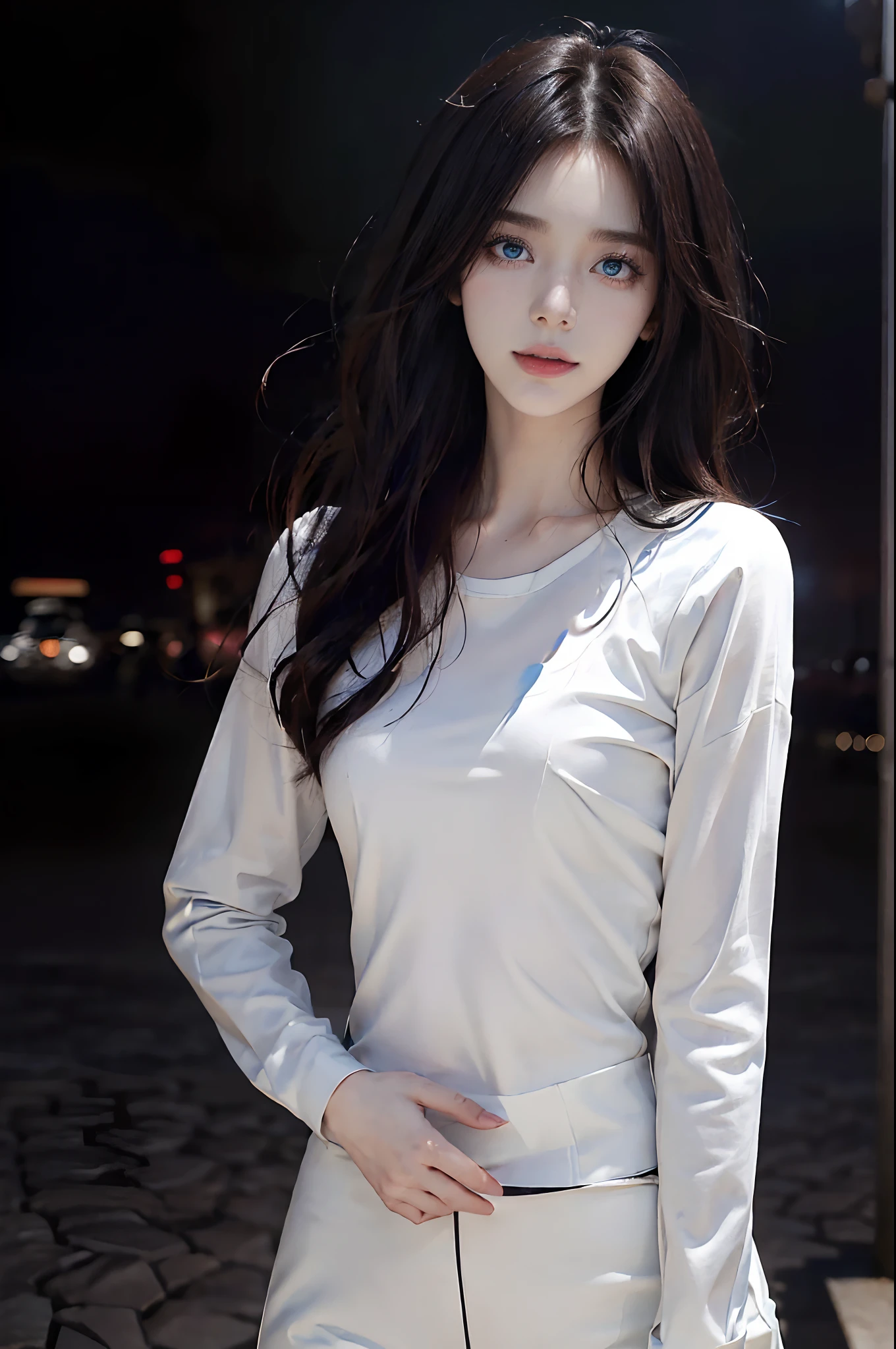 ((4K works))、masterpiece、(top-quality)、1 beutiful girl、Slim body、tall、((Black Y-shirt and white pants、Charming street style))、(Detailed beautiful eyes)、Midnight Night、((Shot at a pitch-black intersection))、Stroll through fashionable intersections、((Face similar to Carly Rae Jepsen))、((Long boyish red hair))、((Smaller face))、((Neutral face))、((Bright blue eyes))、((American adult women))、((Adult female 26 years old))、((cool lady))、((Like a celebrity))、((Smiling expression))、((Korean Makeup))、((elongated and sharp eyes))、((Happy dating))、((boyish))、((Upper body photography))、((She is walking next to the viewer))、Professional Photos、((Pitch black lighting))、((Black lighting))