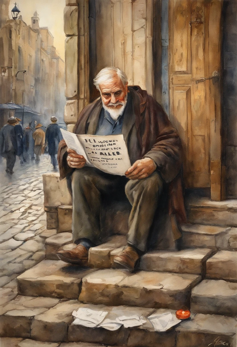 An old and tired men holding an advertisement saying (((((1000 followers)))))! His expression of agony is frozen on his pale face, Lying on the cobblestone floor, vemos a cena de cima, um vulto sutil em uma parte das vielas