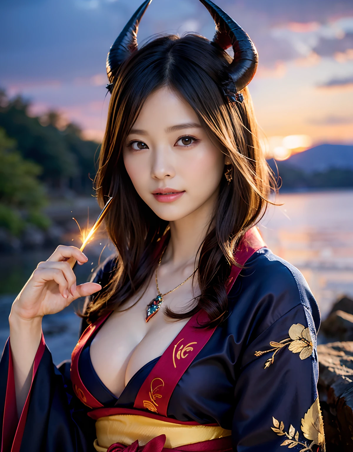 (((masutepiece,))),Professional , masterpiece、top-quality、photos realistic , depth of fields 、Raw photo、女の子1a person、glowy skin、(sexypose)、(Black maple on the background of full bloom),(Ultimate Beauty)、A dark-haired、Mystical expression、Light Effects、intense fighting、Wind-effect、ultrasharp、(shrine background)、(Kimono with beautiful pattern)、(Midnight background)、Beautiful hair ornament on the head、,(intense fighting),((Precipitous cliffs)),(Wear a beautiful kimono),(Wear a colorful and beautiful kimono)、cleavage of the breast、(Japan Castle Background)、Jewel Gold Weapon、Particles of light),(intense fighting)、Gorgeous jewelry hair ornaments on the head ,Castle background、(( Gorgeous Dragon Sword)) , (a dark night),,(maikurobikini) 、((Black Haired Beautiful Girl))、(Castle background)、(demonic wings)、((Gangle's forest background))、Beautiful Caucasian beauty、1a person、dynamic ungle,(((Two devil's horns on the head)))、Smaller head、Idle Smile、Thin and beautiful female hands、Mystical expression、Light Effects、intense fighting、Wind-effect、magic circles、With the legendary magic wand、Dragon's tail、Anatomically correct fingers、Full Body Angle、Anatomically correct number of fingers、