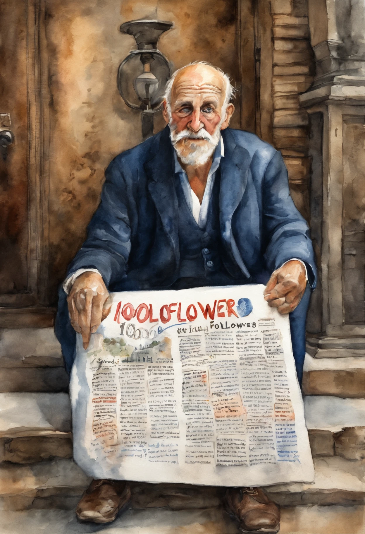 An old and tired men holding an advertisement saying ((((1000))))! (((((1000 followers))))) His expression of agony is frozen on his pale face, Lying on the cobblestone floor, vemos a cena de cima, um vulto sutil em uma parte das vielas