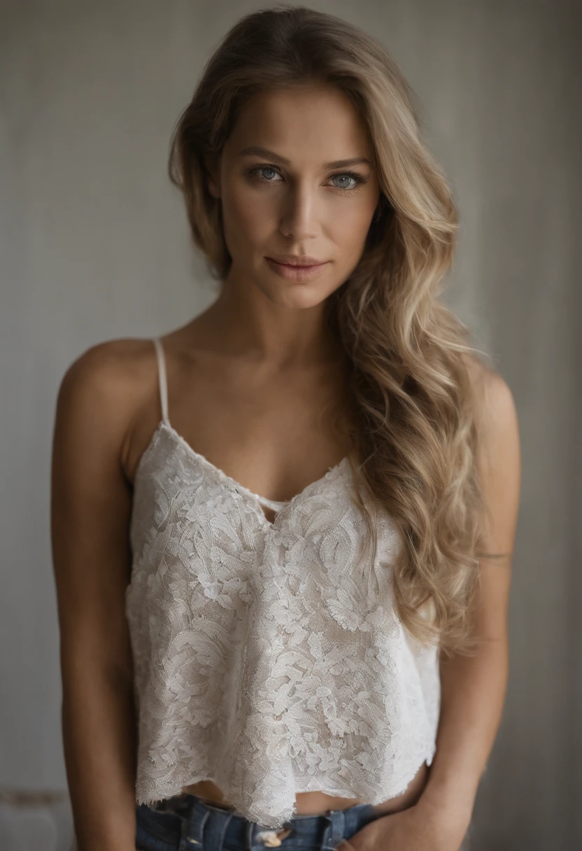 woman with matching tank top and panties, fille sexy aux yeux bleus, Portrait Sophie Mudd, Portrait de Corinna Kopf, cheveux blonds et grands yeux, selfie of a young woman, ohne Maquillage, maquillage naturel, Look directly into the camera, Visage avec Artgram, dezentes Maquillage, Superbe photo du corps entier, dans la chambre, gros seins, Blonde, Latin