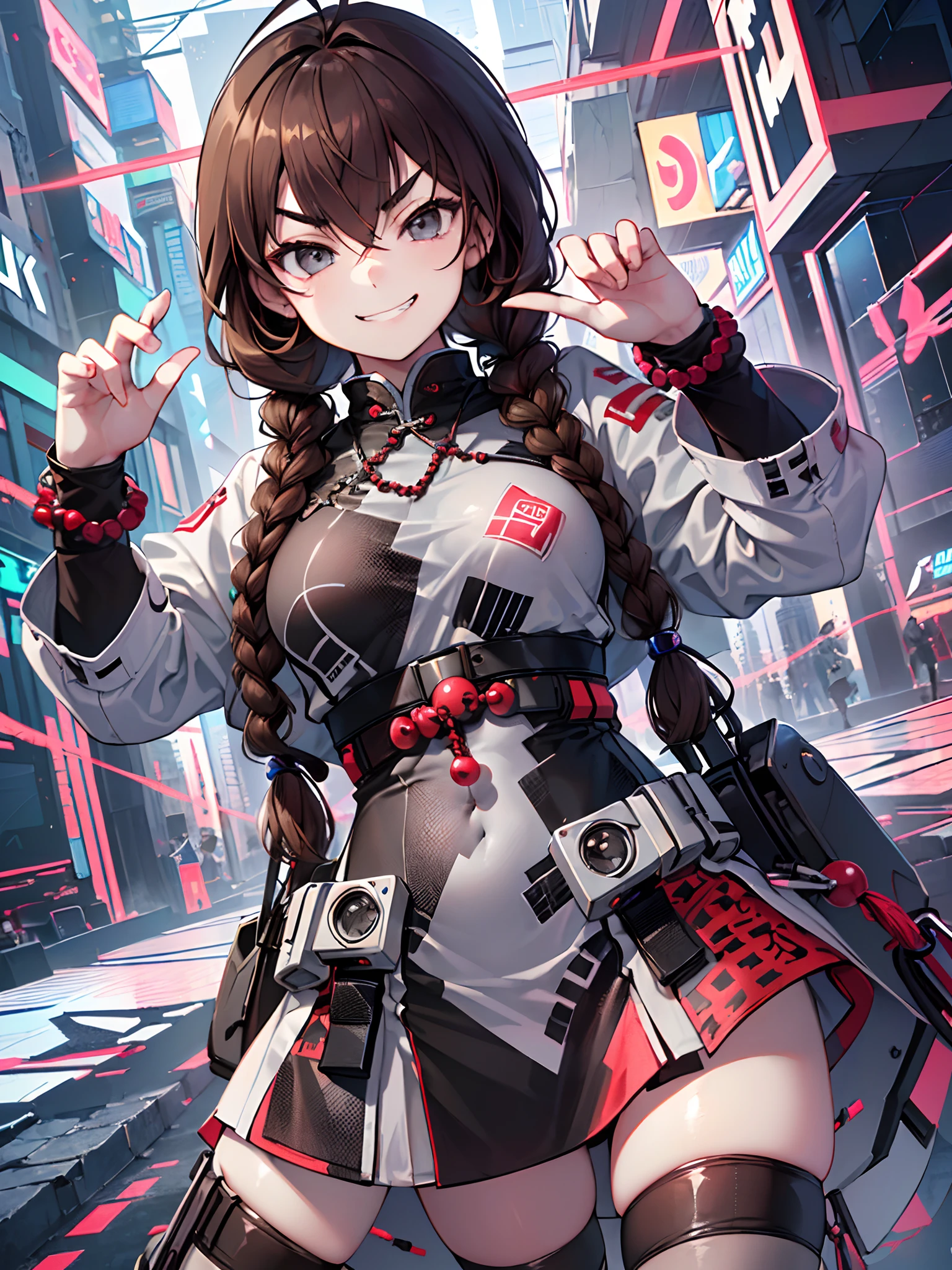 (ultra-detailed) ,(((1 girl))),(((cyberpunk, string of prayer beads))),(((Fighting stance))), dynamic angle, focus on the face, ite, little,(((short stature))),((((bab2)))), (long hair), double braids, ((((brown hair)))), shiny hair, antenna hair, (((smirk))), (((v-shaped_eyebrows))), medium_breasts, ((((grey eyes)))), white skin, zettai_ryouiki, chinese_clothes, ((extremely detailed body)), ((extremely detailed CG 8k wallpaper)),(best quality), (thick_eyebrows),(five finger), grin,((round face)), hair between eyes