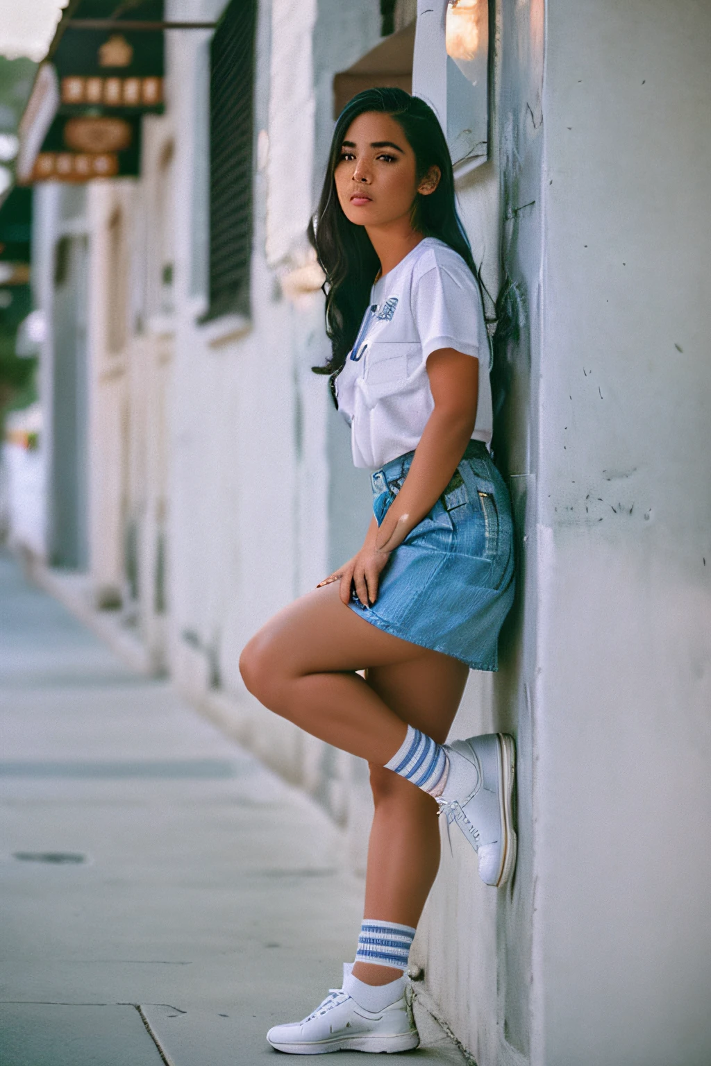 Latin woman leaning against a wall in a skirt and t - shirt, cinematic photo cinematic film still sm4c3w3k, white fabric, grey fabric,full body photo of the most beautiful latin woman in the world wearing the sm4c3w3k, collared shirt, short sleeves, skirt, pocket. shallow depth of field, vignette, highly detailed, high budget Hollywood movie, bokeh, cinemascope, moody, epic, gorgeous, film grain, grainy . 35mm photograph, film, bokeh, professional, 4k, highly detailed