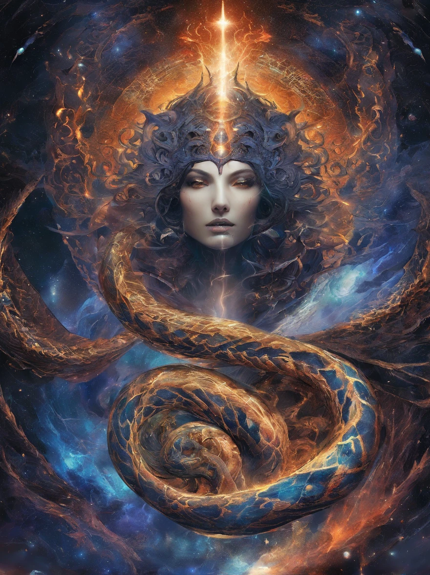In the dimension of a stellar collision, The legendary Orok serpent became the embodiment of the wrath of heaven. Its body is a symphony of bright colors, Reflecting the birth of a star. Its eyes are burning with cosmic fire, Energy tendrils are、It surrounds its shape like an ethereal lightning bolt. The presence of snakes is both awe-inspiring and frightening, Because it harnesses the power of the universe itself, In the cosmic vortex, Galaxy spirals、Where stars explode, The serpent reigns supreme, epicd, cataclysmic, And beyond, The Power to Awaken the Power of Heaven.Style: ultra realistic digital painting,Dynamic interaction with intricate details and colors.performing: Rendered in a surreal style, Using advanced digital technology、Capture complex interstellar environments and snake celestial energy,luis royo style