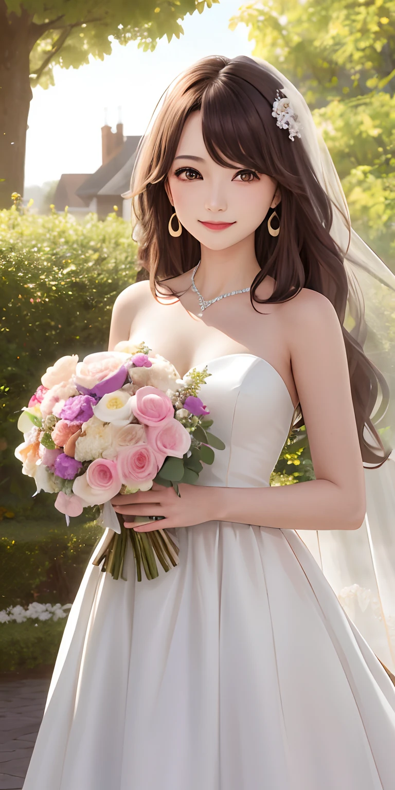 masterpiece, best quality, highres, aamiyako, long hair, jewelry, earrings, wedding dress, holding bouquet, garden, smile