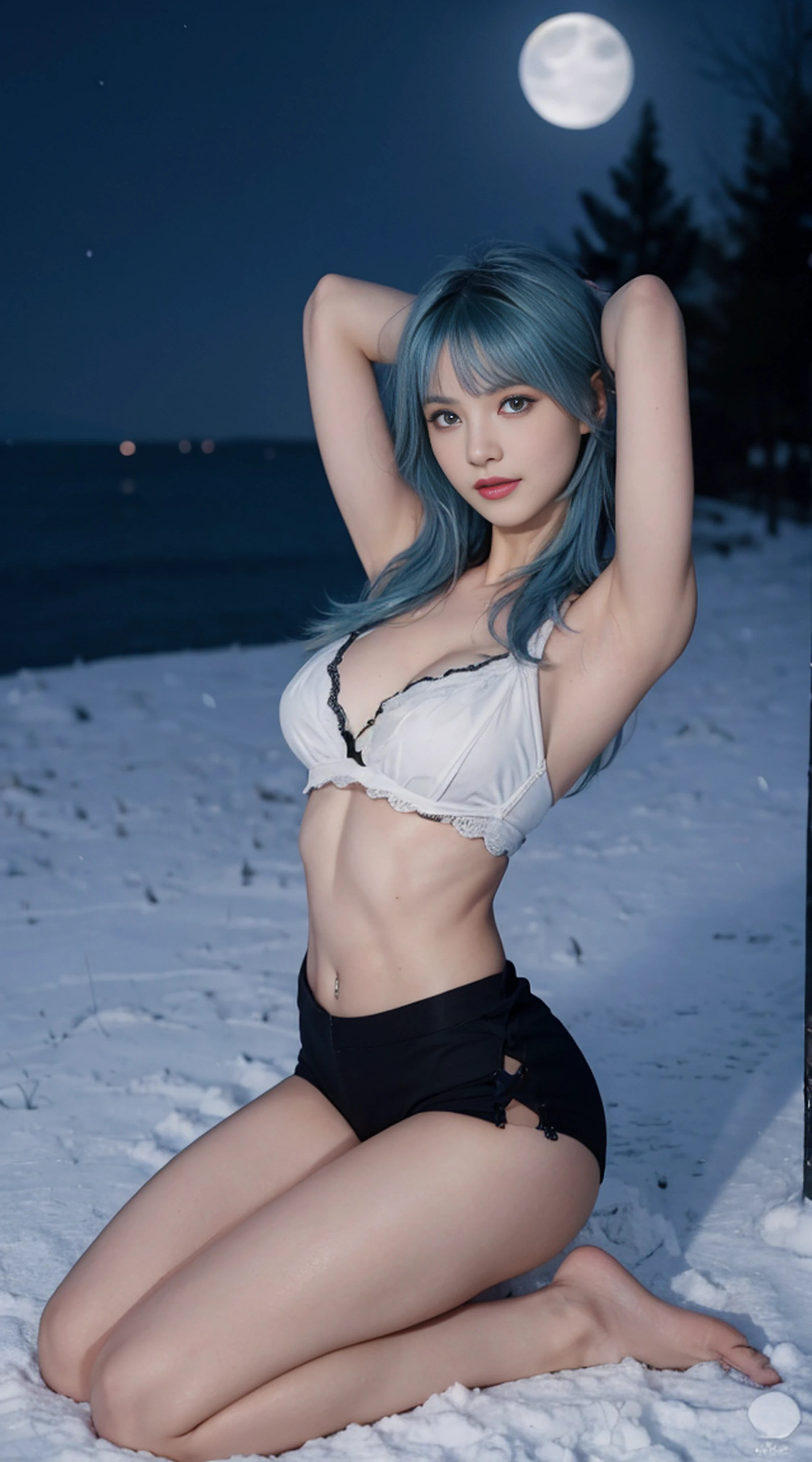 8K, Top Quality, Intricate Details, Ultra Detail, Ultra High Resolution, Masterpiece, random angle, Slender, Smile, (Makeup: 0.4), (Fluffy Blue Eyes: 1.21), blue Eyes, looking at viewer, ((full body)), 1girl, solo, 1 girl, (( full body)), close up shot, arm up, armpit , ((tall)), (((fit body))), (((slim face))), sharp face, sharp eyes, (((sky blue hair, long hair, bangs )) , (detailed face), sharp face, small lips,
(( )), ((hot pants)), detailed face, detailed breast, , large breast, detail ass, , Beautiful girl with accentuated slender abs: 1.4, Six Pack Abs: 1.4, Bust Botox, Big, Perfect Body, detail leg, (( moonlight)), in the snow