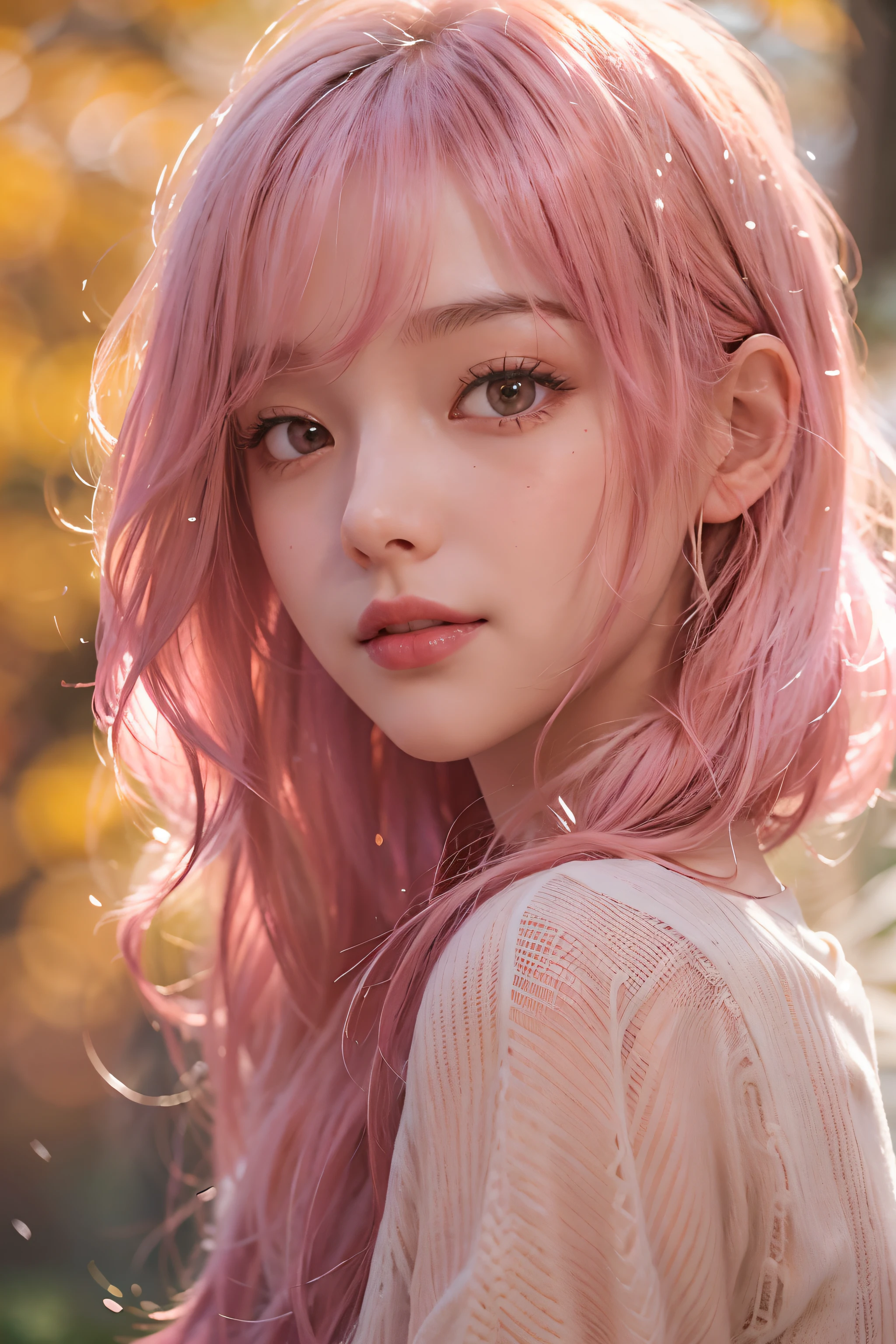 ((Extra Upper Shot))、(looking at view)、1girl in、in her 20s、(Pink hair)、((Medium hair))、(bangss)、(The best smile)、(Photoreal Stick:1.2)、in 8K、high-level image quality、(High quality shadows)、Detail Beautiful delicate face、Detail Beautiful delicate eyes、pureerosface_v1、gloweyes、(Red lipstick close to orange)、perfectbody、Perfect Style、(Brown eyes)、 (strong lights)、Shiny hair、Description beautiful delicate hair、(Lustrous skin)、(White sweater)、 (early evening)、A walk in the forest of autumn leaves、Scattering leaves、Waterfall in the distance、Background blur、电影灯光、Sunlight、