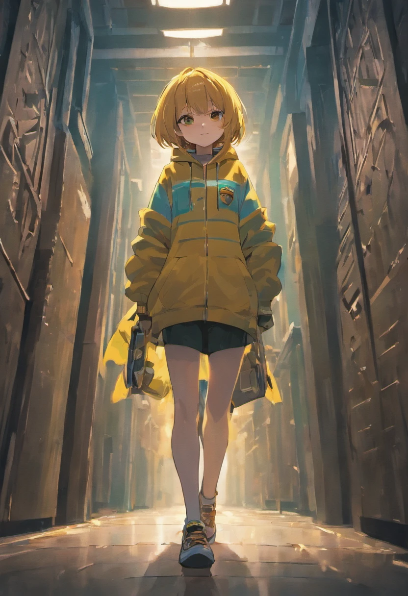 style of Undertale，Masterpiece,Best quality,offcial art,Extremely detailed Cg Unity 8K wallpaper,Night,Dark,comic strip,grin, human skeleton,Blue hoodie,Eyes in shadow,Hands in pockets,White slippers,No hair,A tear,Yellow corridor,Mild obesity,